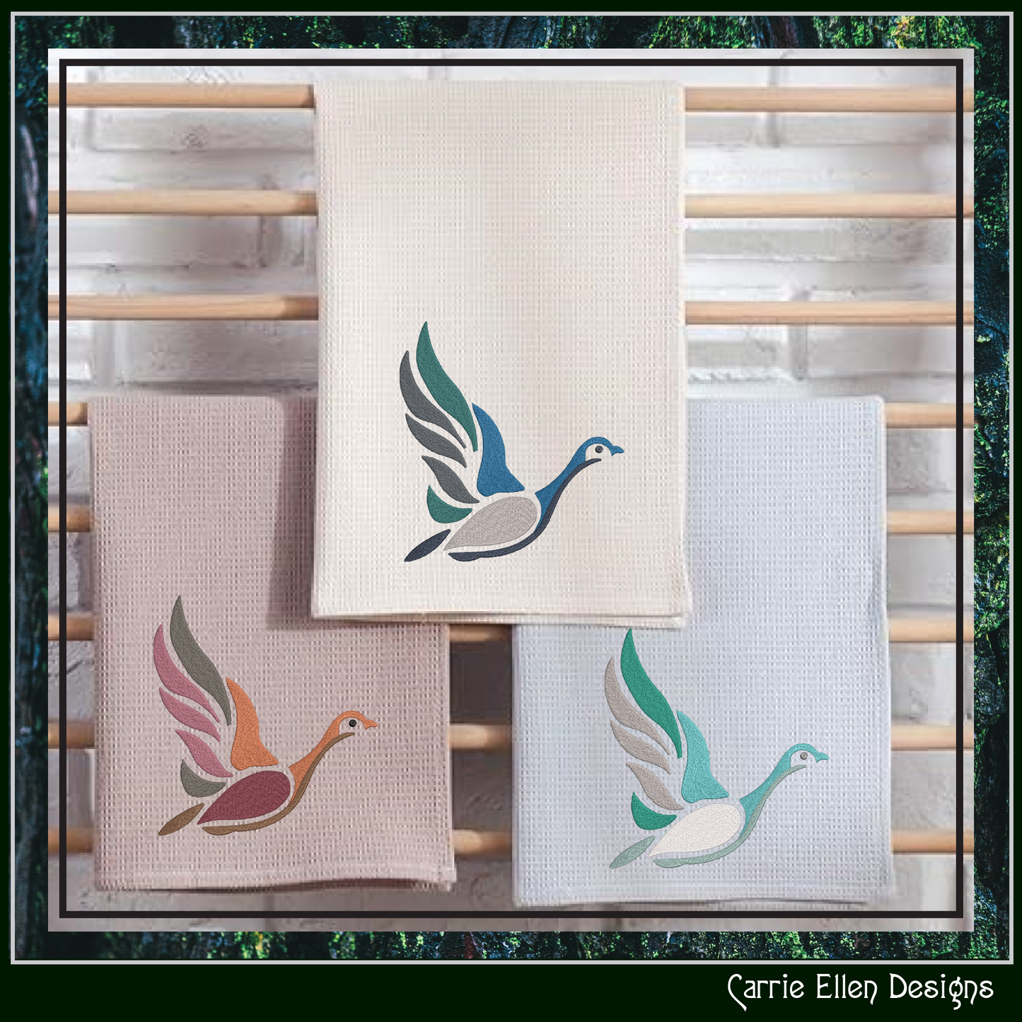Flying Duck Machine Embroidery Design – Artistic Mallard Bird in Flight, 6 Sizes (2570)