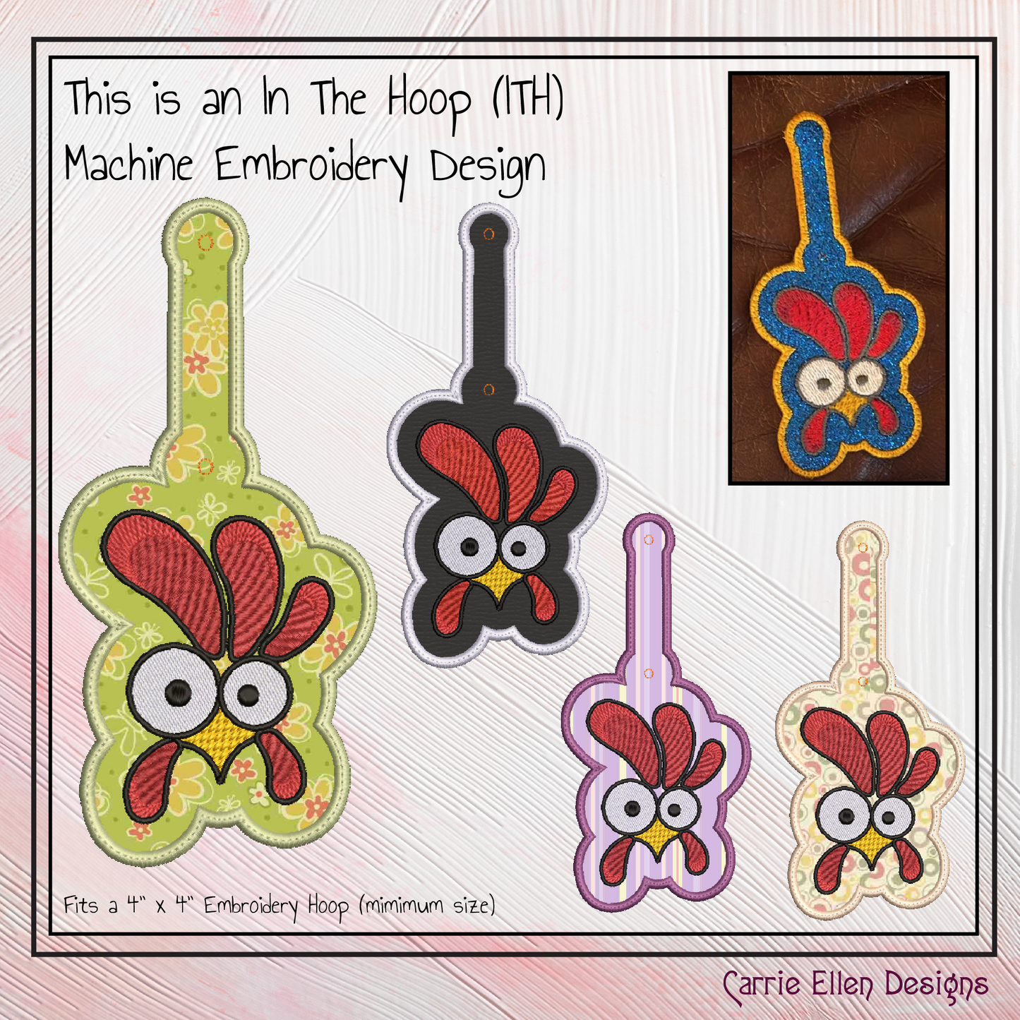 Silly Chicken ITH Key Fob Machine Embroidery Design | Funny Bird In-The-Hoop Keychain Pattern (2601)