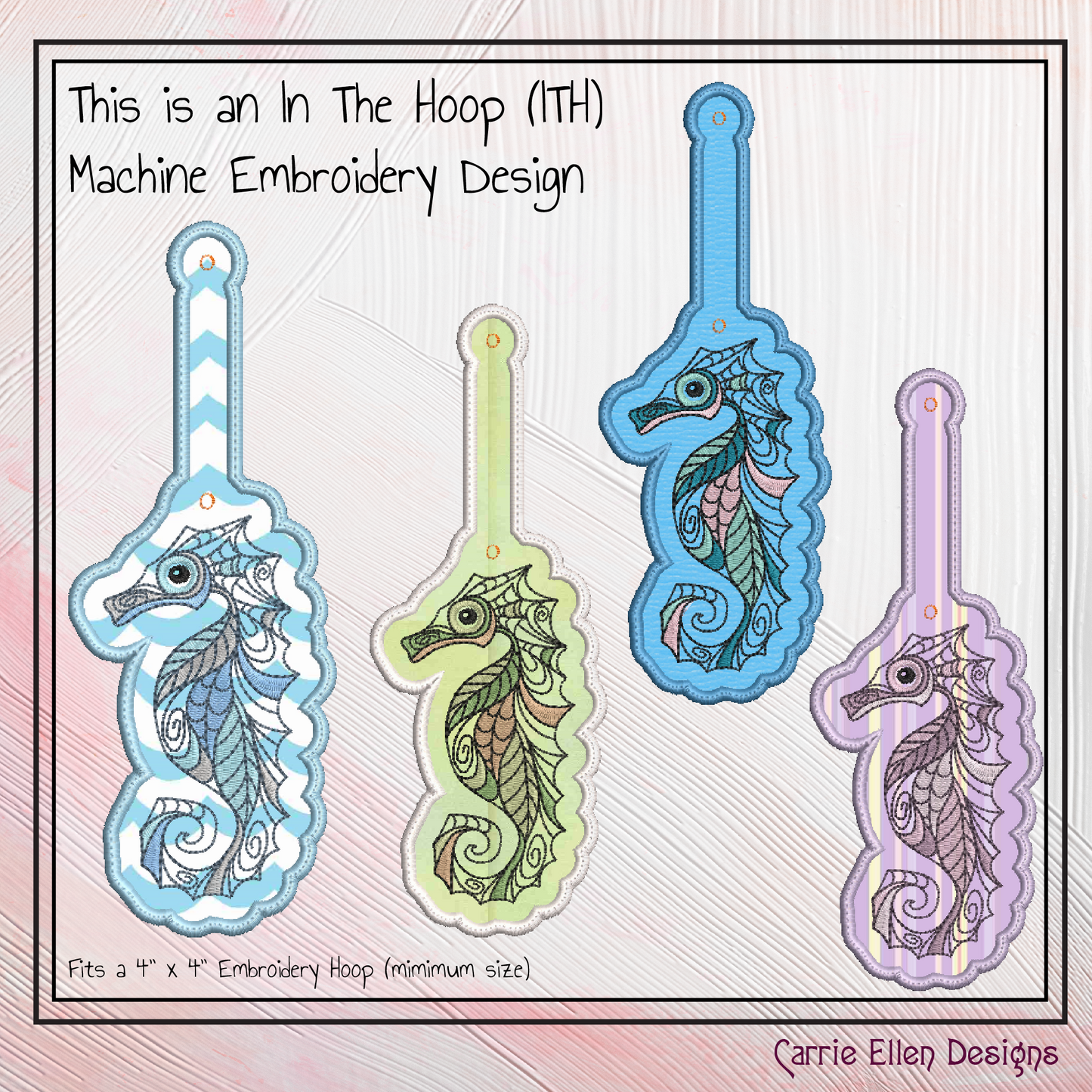 Seahorse ITH Key Fob Machine Embroidery Design | Marine Life Sea Animal In-The-Hoop Key Tag Project (2612)