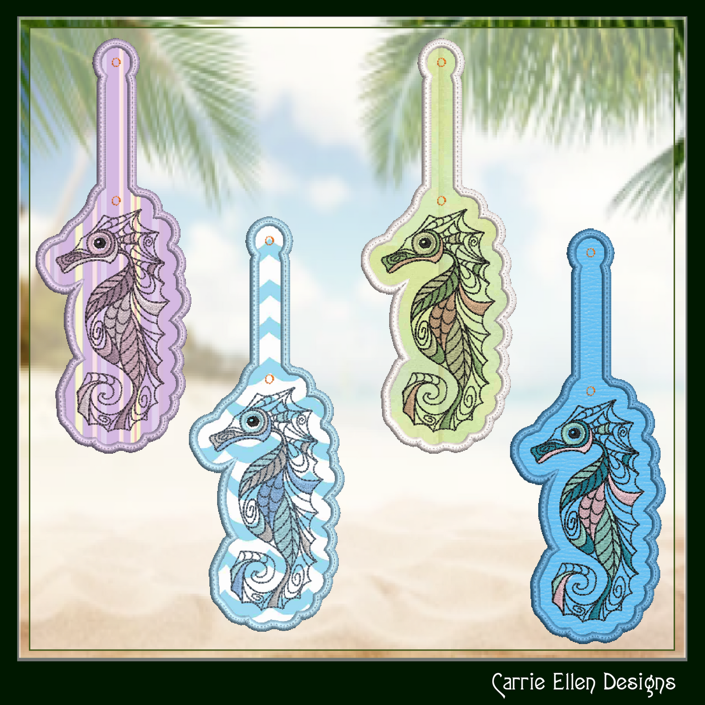 Seahorse ITH Key Fob Machine Embroidery Design | Marine Life Sea Animal In-The-Hoop Key Tag Project (2612)
