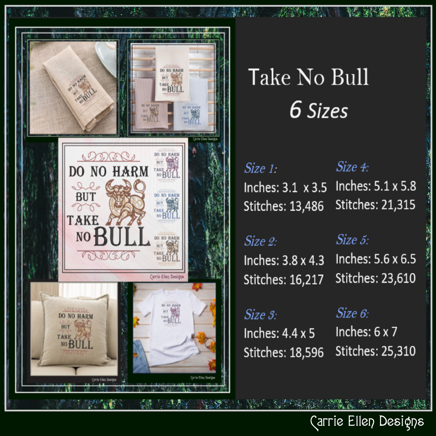 Take No Bull Machine Embroidery Saying, Do No Harm Sayings and Quotes, Vintage Style Quote, 6 Sizes (2620)