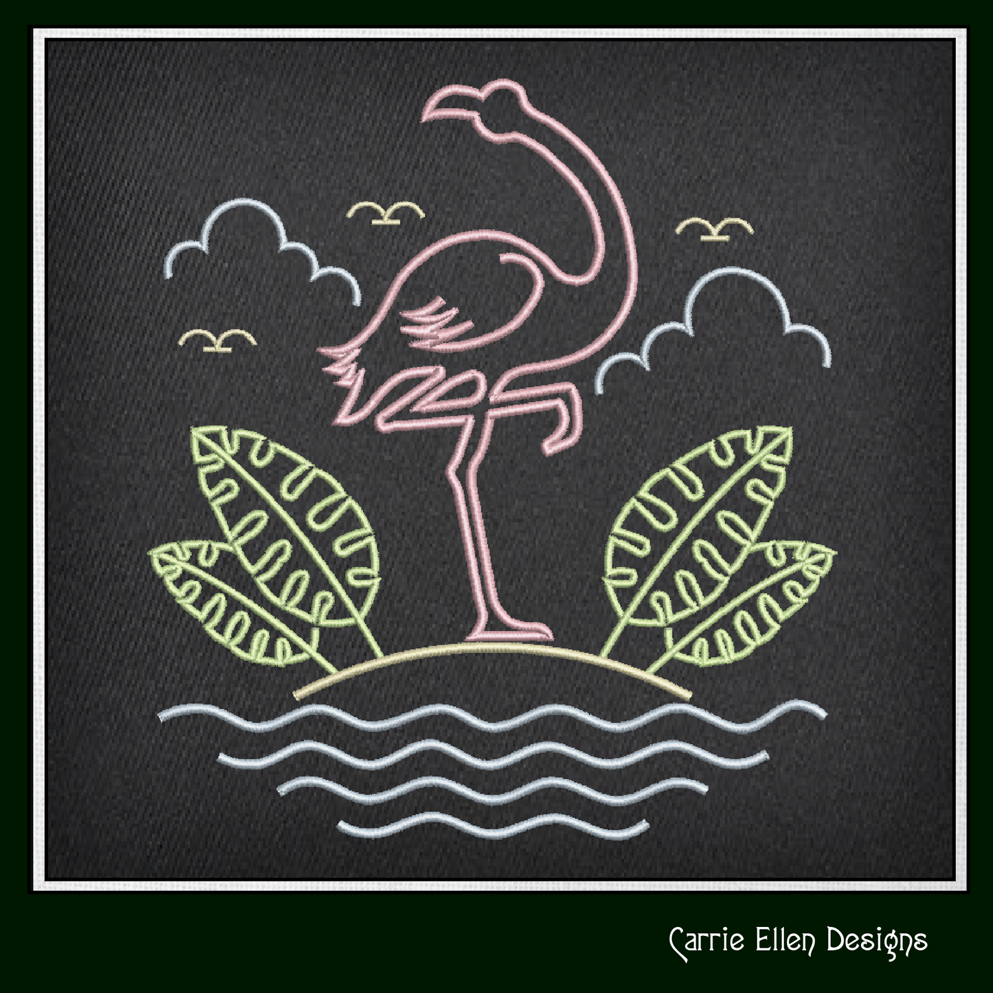 Flamingo Island Scene Machine Embroidery Design | Tropical Beach Bird Pattern, 6 Sizes (2634)