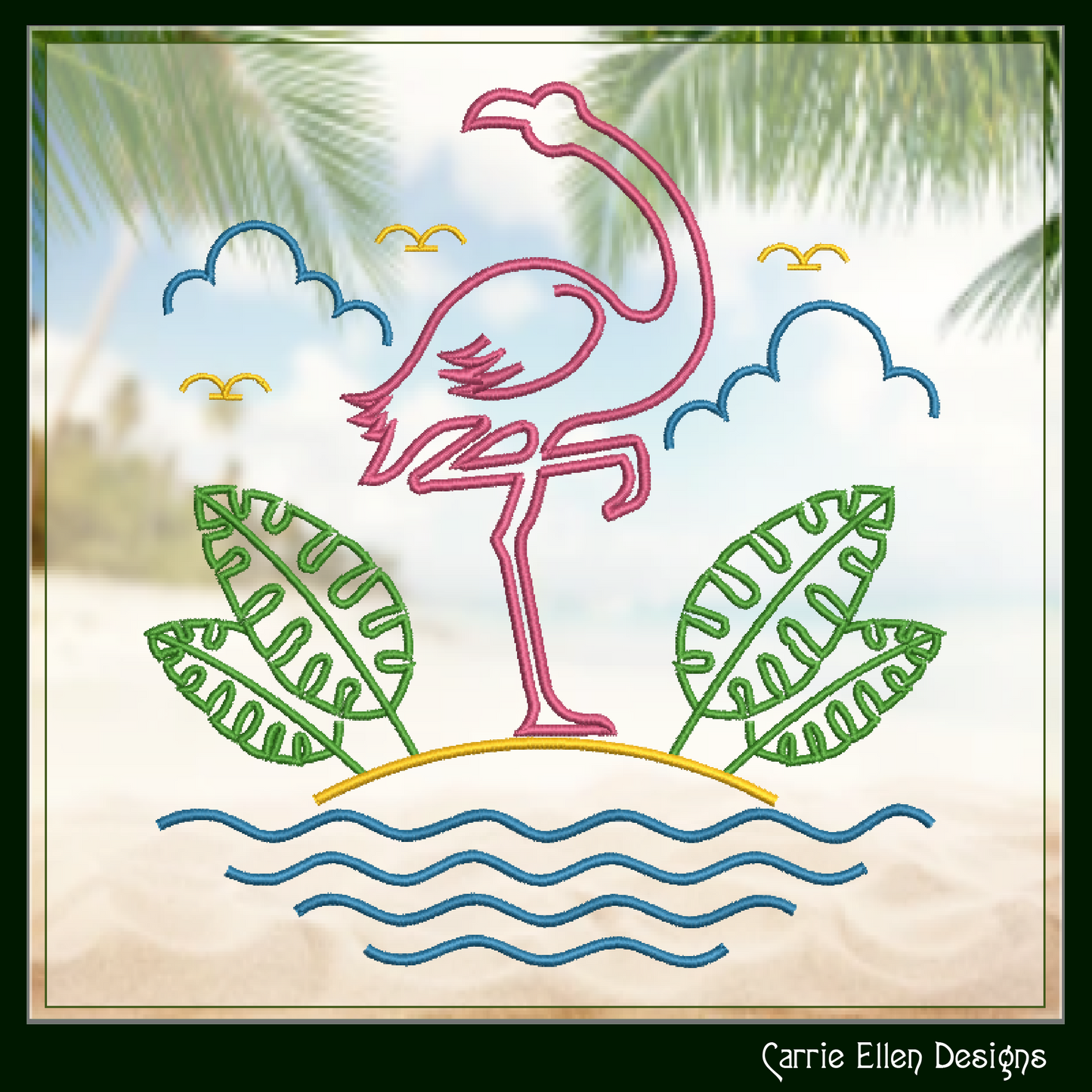 Flamingo Island Scene Machine Embroidery Design | Tropical Beach Bird Pattern, 6 Sizes (2634)