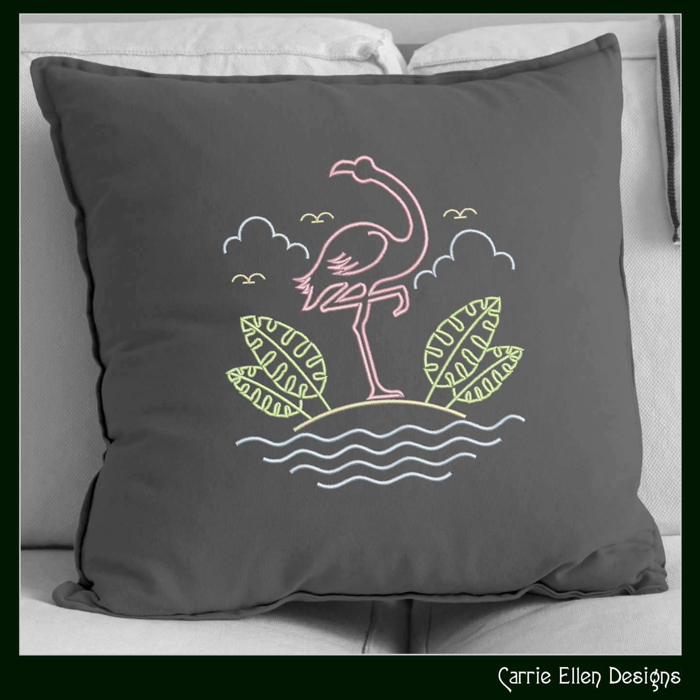 Flamingo Island Scene Machine Embroidery Design | Tropical Beach Bird Pattern, 6 Sizes (2634)
