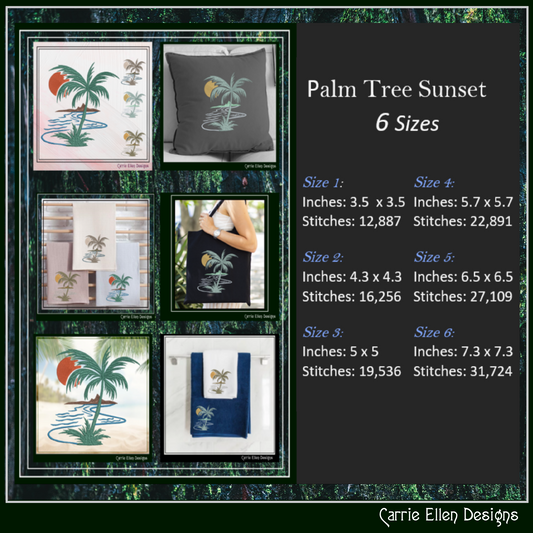 Palm Tree Sunset Machine Embroidery Design | Tropical Island Landscape | Beach Embroidery Pattern, 6 Sizes (2638)