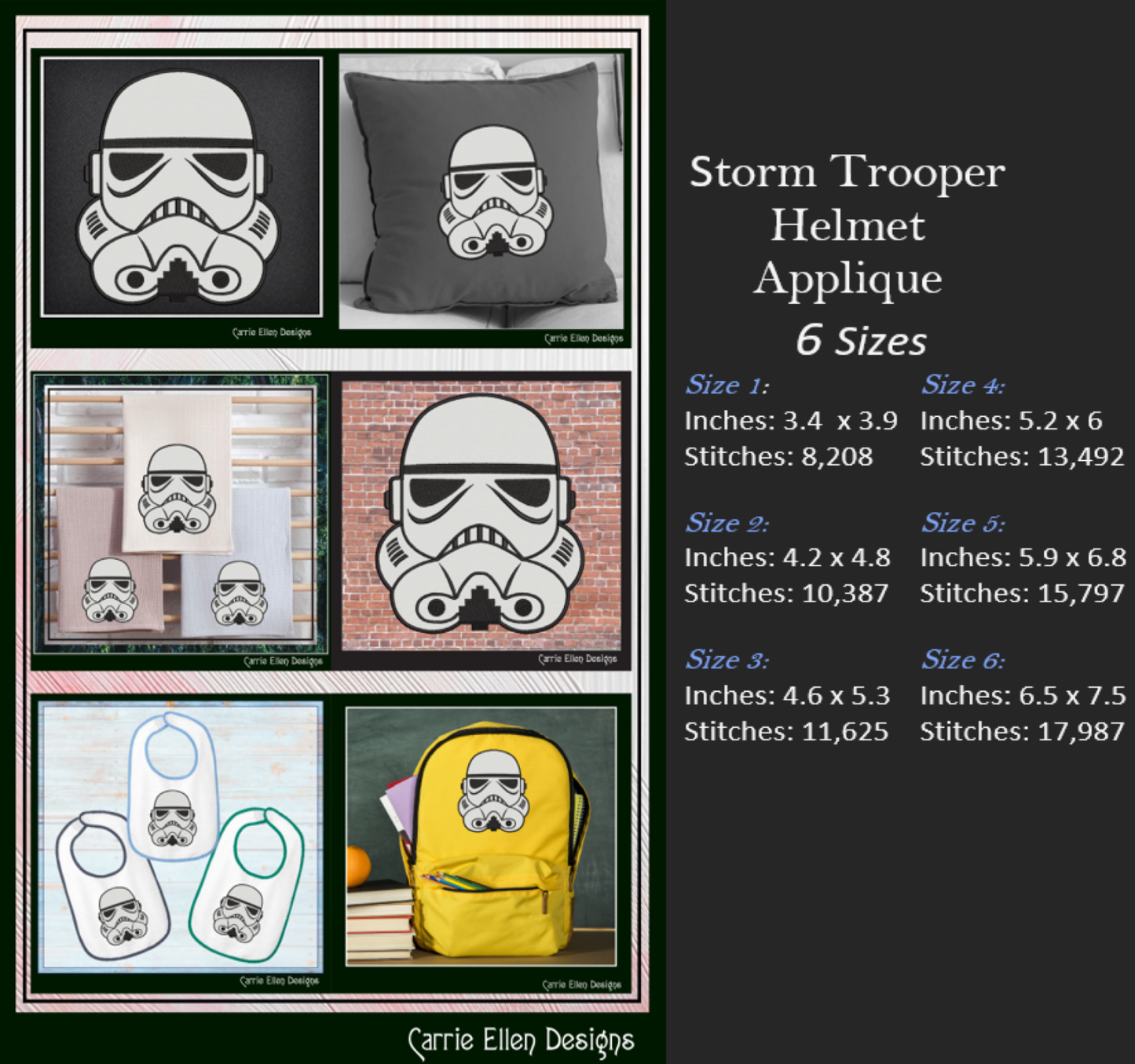 Storm Trooper Helmet Applique Machine Embroidery Design – Sci-Fi Inspired Applique Pattern, 6 Sizes (2641)