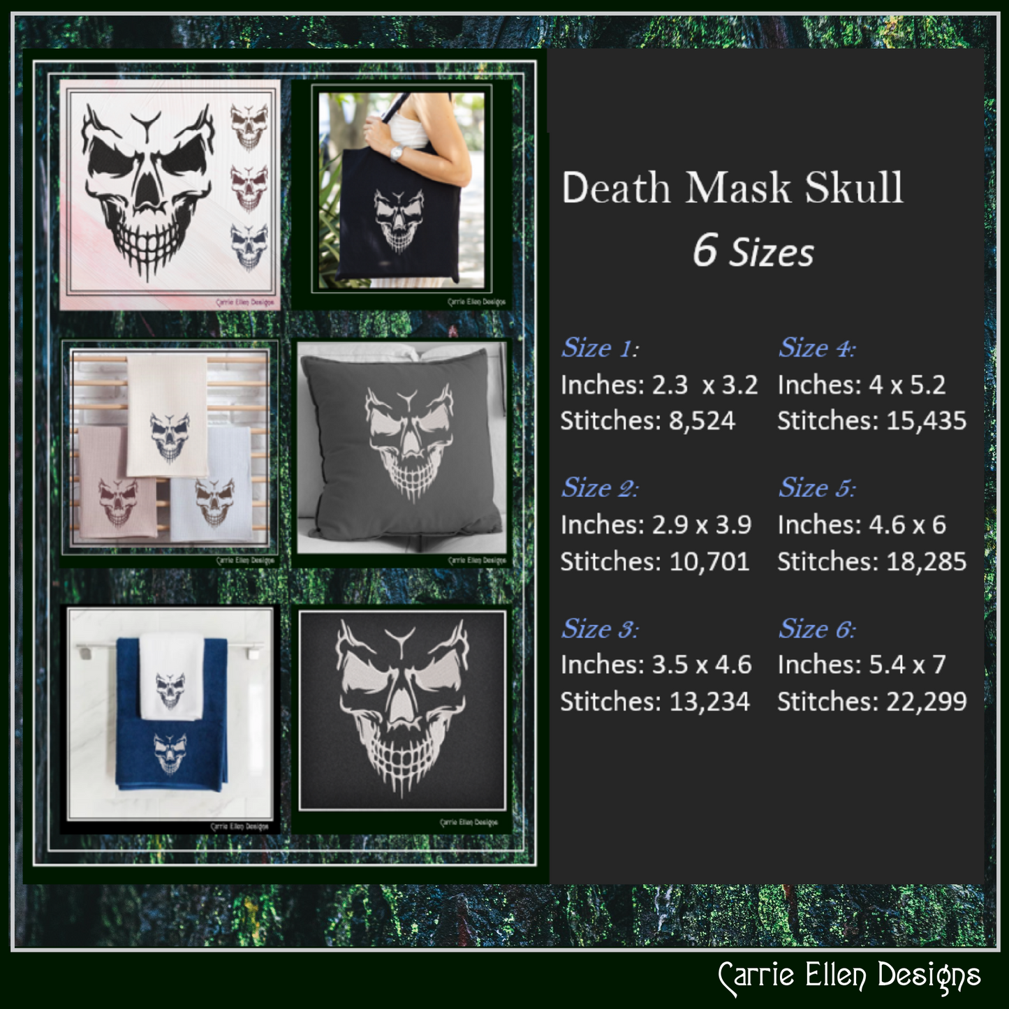 Skull Death Mask Machine Embroidery Design – Gothic Halloween Skull Pattern, 6 Sizes (2645)