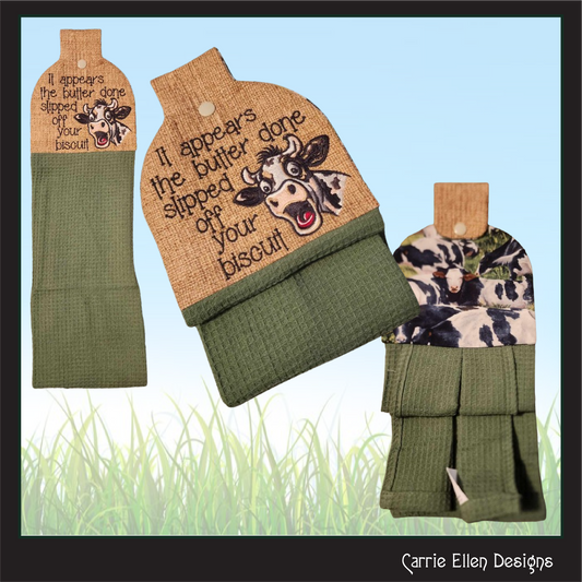 Sassy Southern Saying ITH Towel Topper Machine Embroidery Design, Butter Slipped off Your Biscuit Cow In The Hoop Towel Hanger (2689)