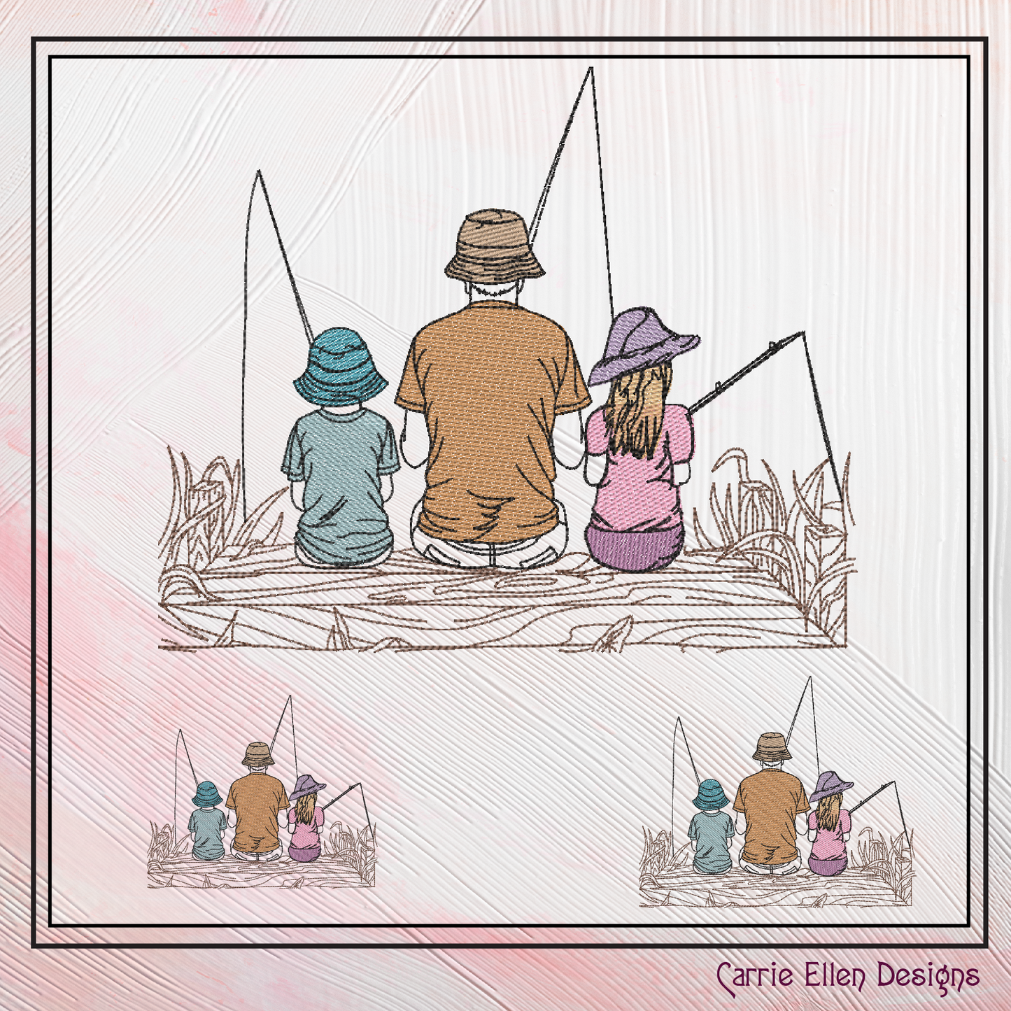 Father Son and Daughter Fishing Machine Embroidery Design, Father’s Day Design, Dad and Children Fishing on a Dock Sketch Embroidery, 6 Sizes (2699)