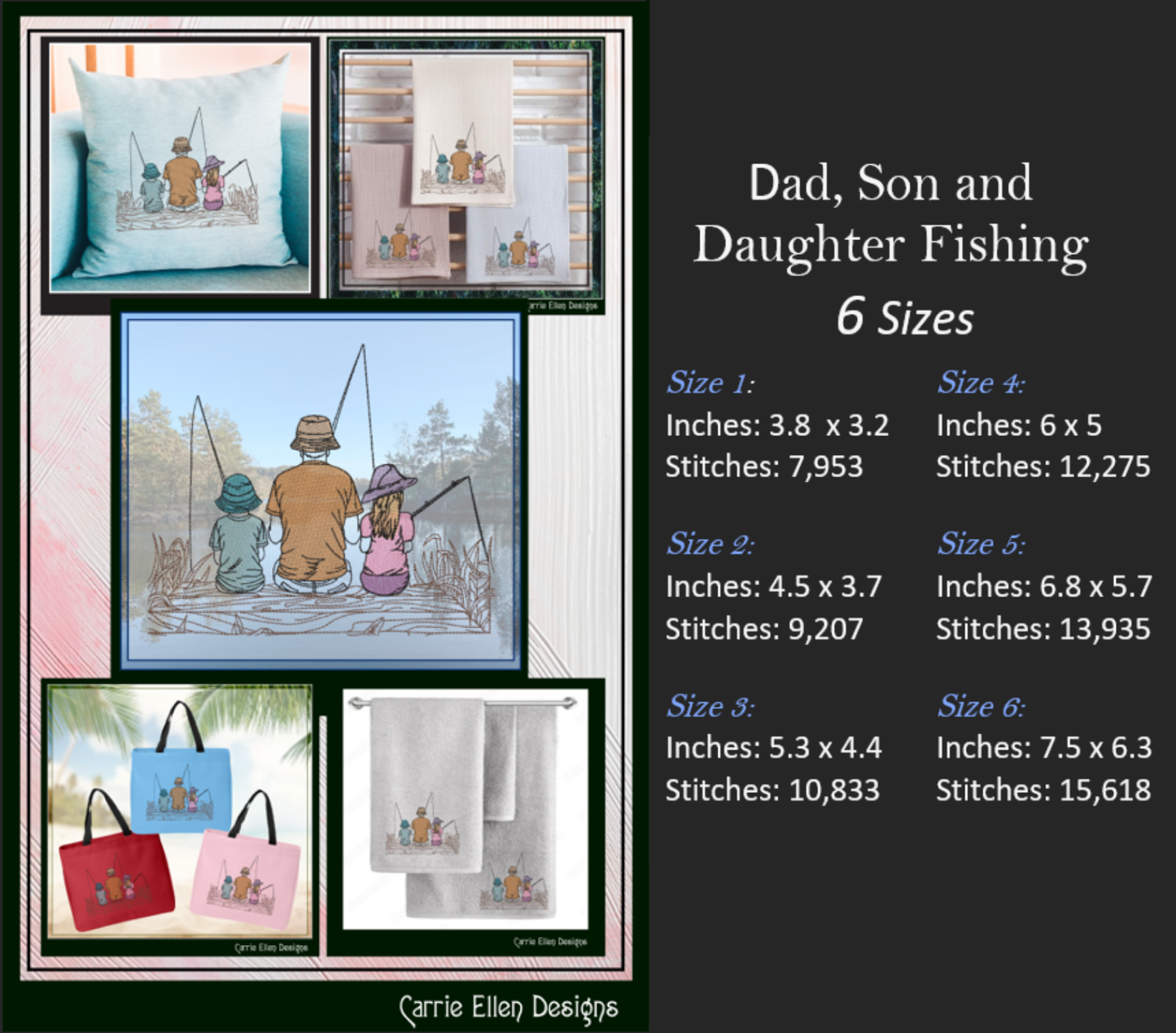 Father Son and Daughter Fishing Machine Embroidery Design, Father’s Day Design, Dad and Children Fishing on a Dock Sketch Embroidery, 6 Sizes (2699)