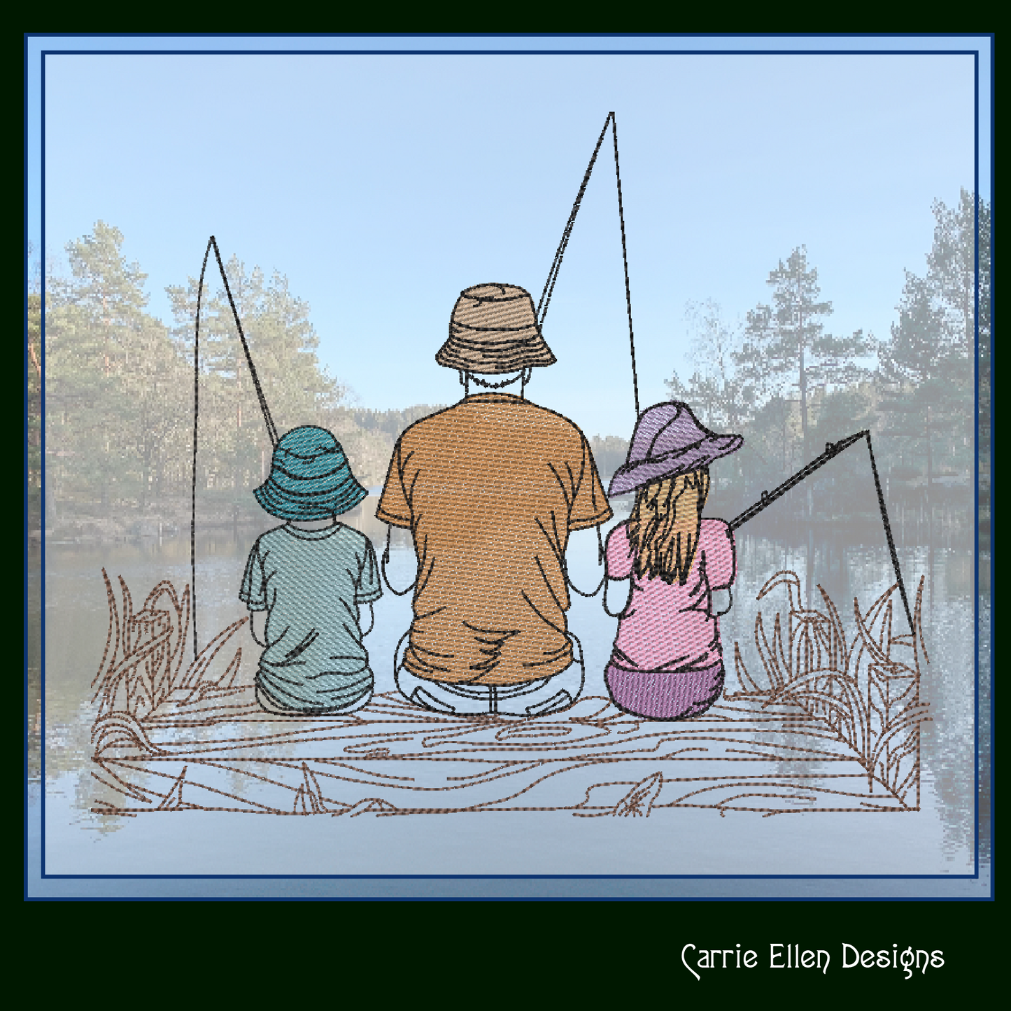 Father Son and Daughter Fishing Machine Embroidery Design, Father’s Day Design, Dad and Children Fishing on a Dock Sketch Embroidery, 6 Sizes (2699)