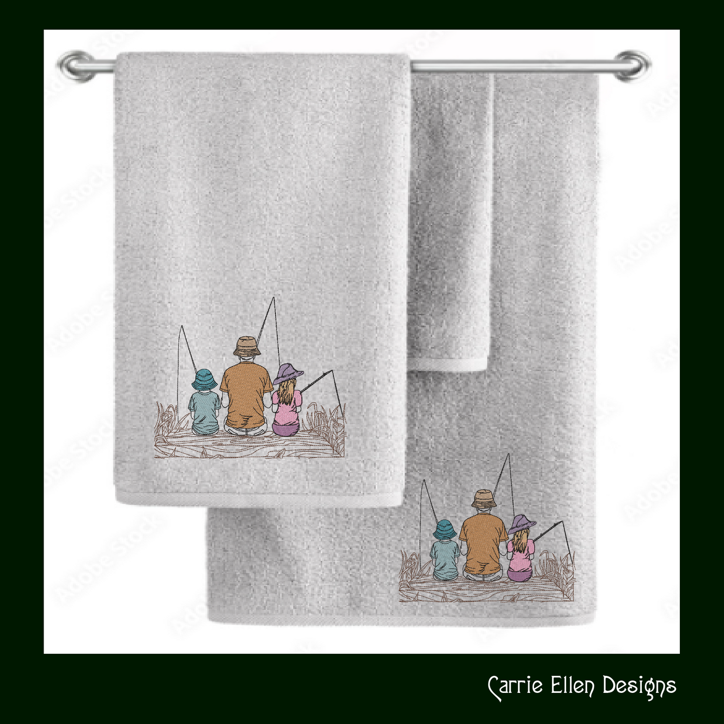 Father Son and Daughter Fishing Machine Embroidery Design, Father’s Day Design, Dad and Children Fishing on a Dock Sketch Embroidery, 6 Sizes (2699)