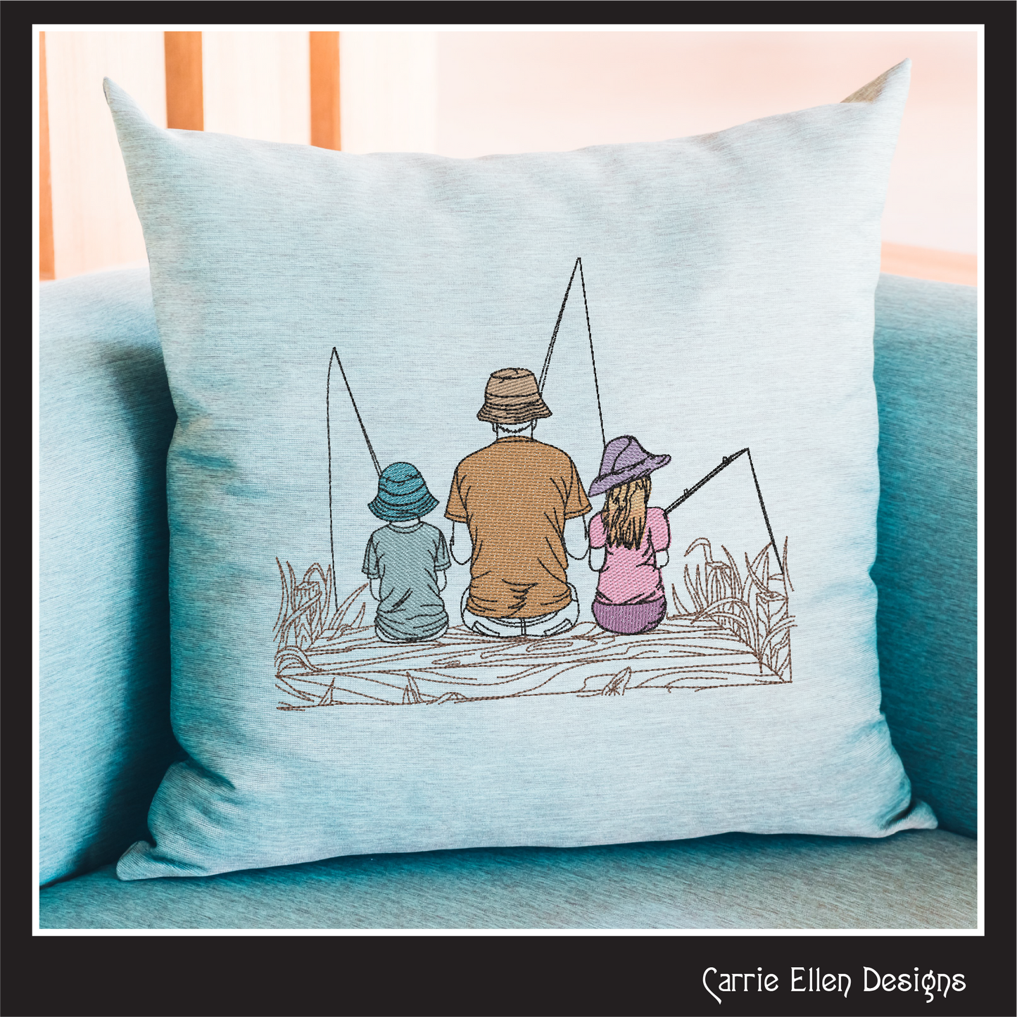 Father Son and Daughter Fishing Machine Embroidery Design, Father’s Day Design, Dad and Children Fishing on a Dock Sketch Embroidery, 6 Sizes (2699)