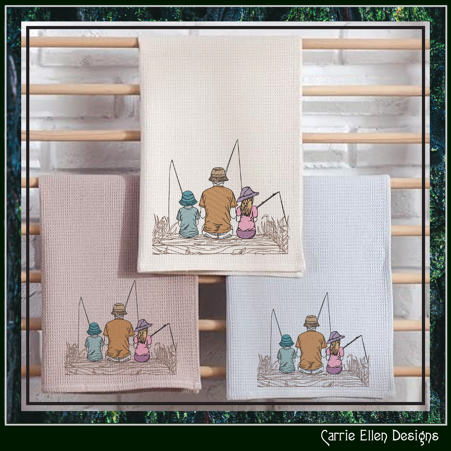 Father Son and Daughter Fishing Machine Embroidery Design, Father’s Day Design, Dad and Children Fishing on a Dock Sketch Embroidery, 6 Sizes (2699)