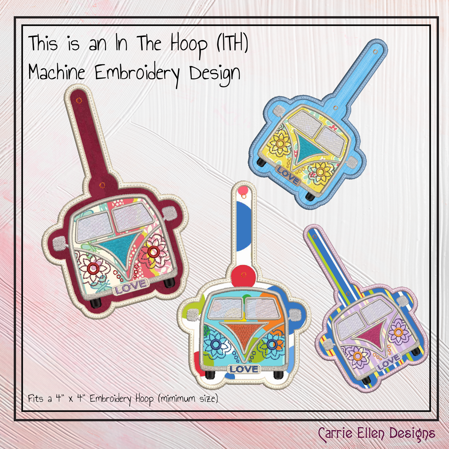 Retro Love Bus ITH Key Fob Machine Embroidery Design, Boho Hippie Van In-The-Hoop Embroidery Project (2701)