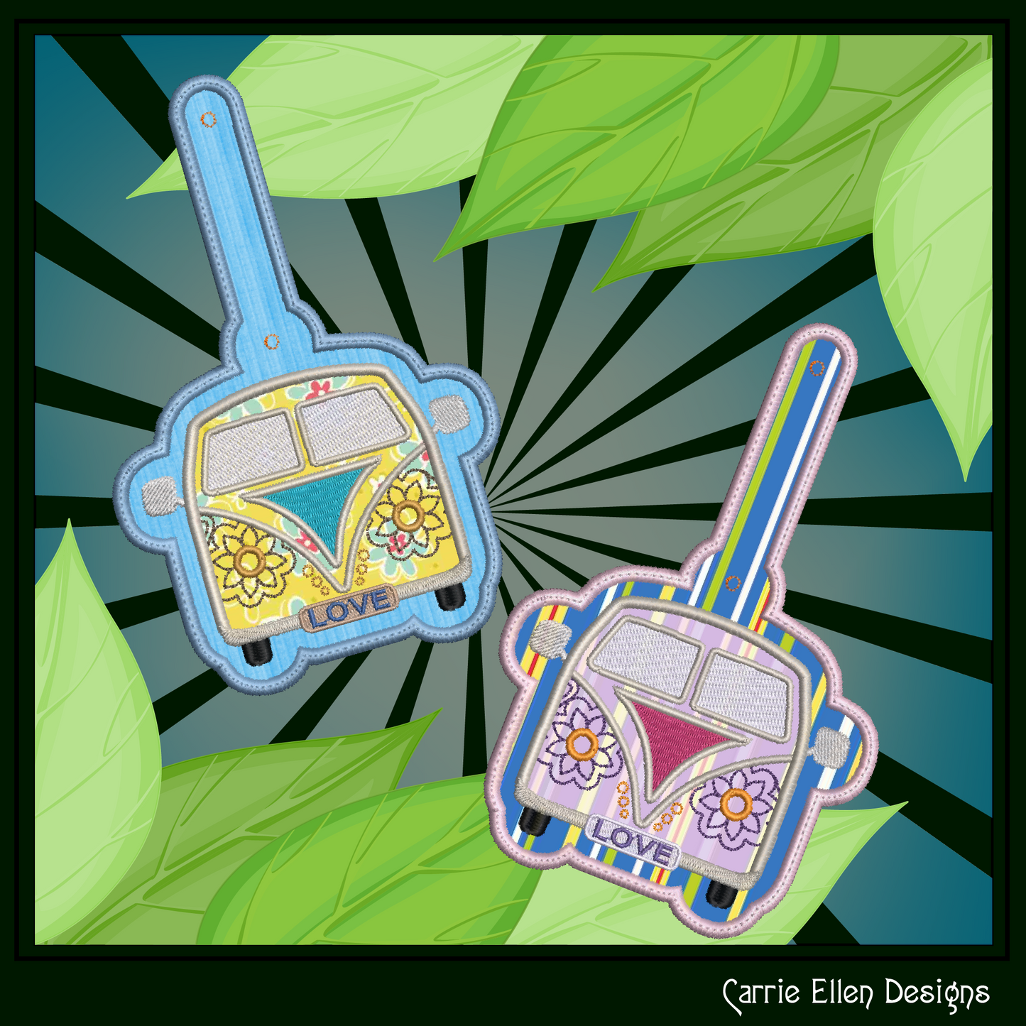 Retro Love Bus ITH Key Fob Machine Embroidery Design, Boho Hippie Van In-The-Hoop Embroidery Project (2701)