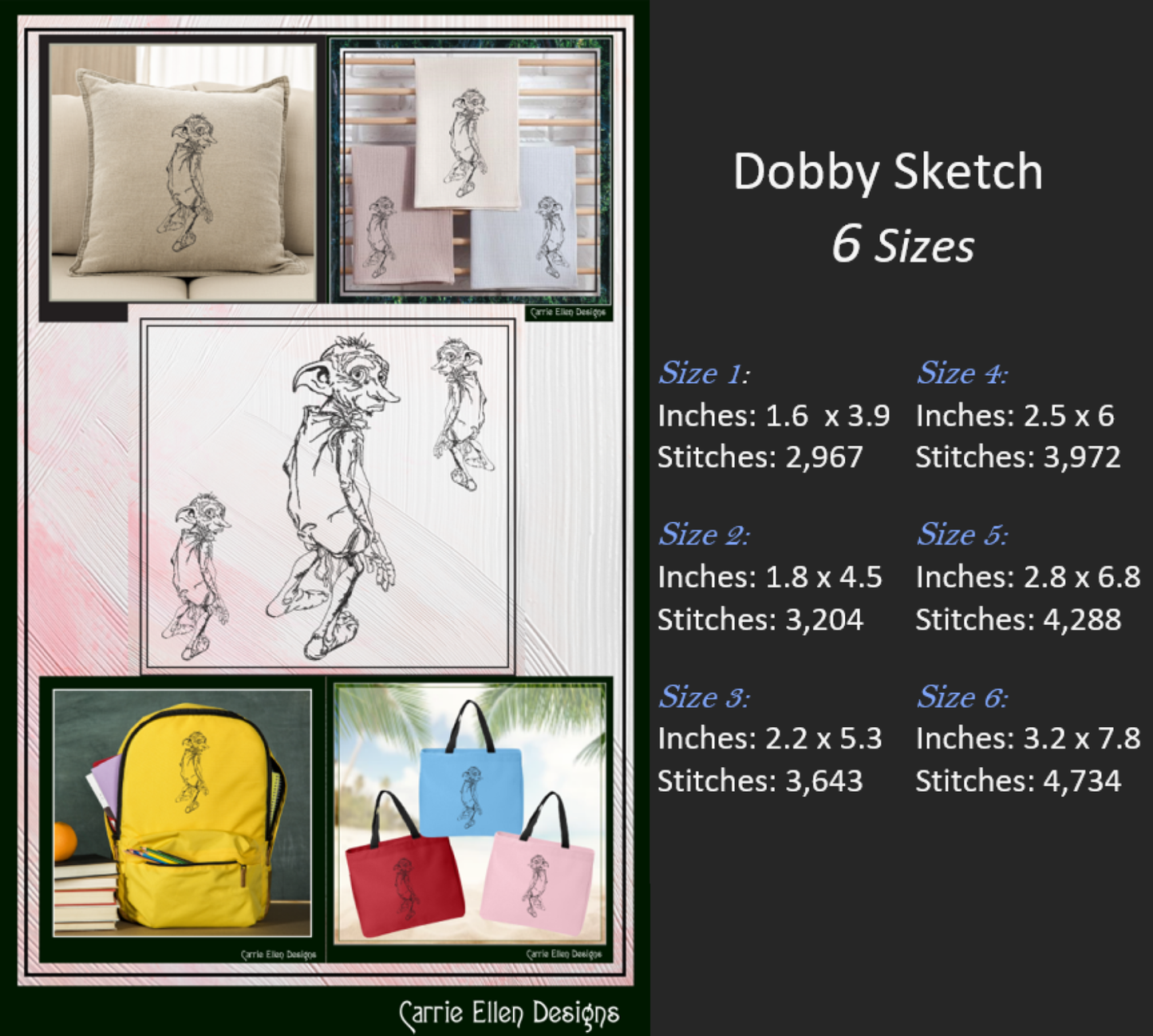 Dobby Machine Embroidery Sketch Design, Free Elf Design, Harry Potter House Elf Character, 6 Sizes (2705)