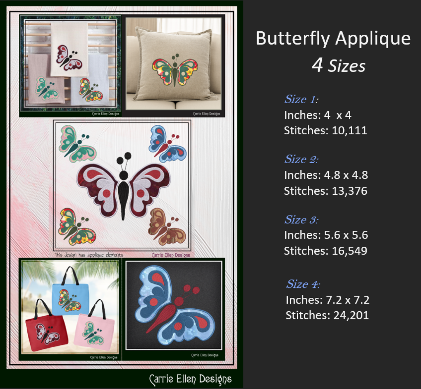 Butterfly Applique Machine Embroidery Design, Butterflies With Applique Element, Garden Insect Embroidery Designs, 4 Sizes (2707)