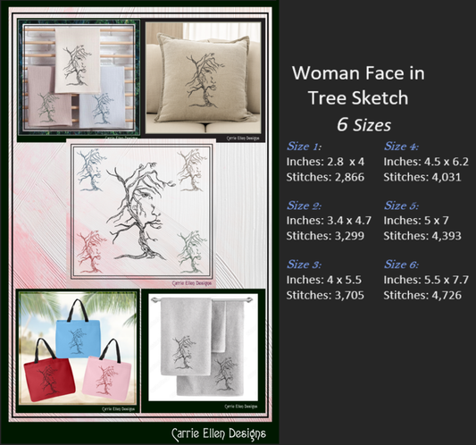 Artistic Tree Sketch Machine Embroidery Design, Woman Face in Tree Line Art Design, Nature Woman Face, 6 Sizes (2710)