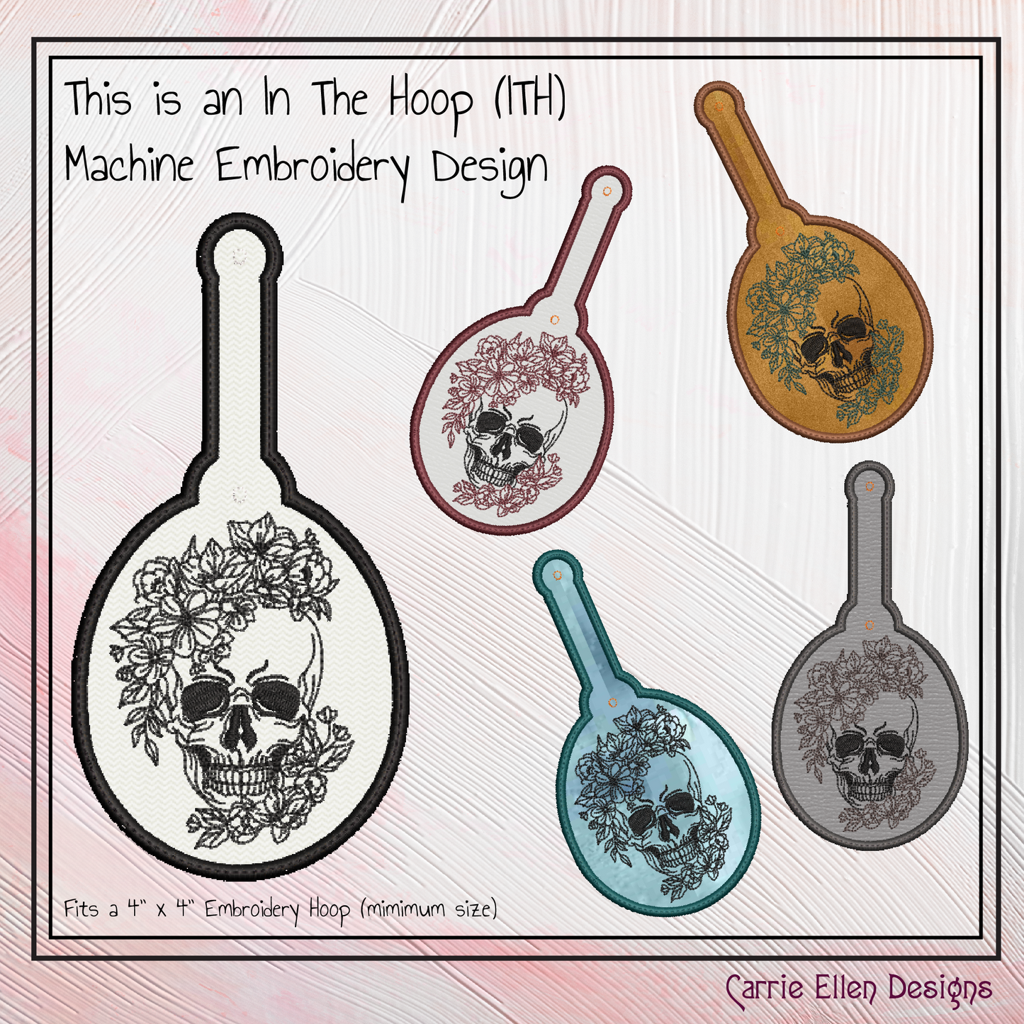 Floral Skull ITH Key Fob Machine Embroidery Design | Skeleton In-The-Hoop Key Tag Project (2714)