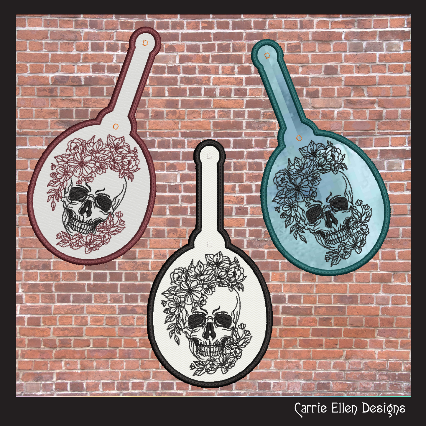 Floral Skull ITH Key Fob Machine Embroidery Design | Skeleton In-The-Hoop Key Tag Project (2714)