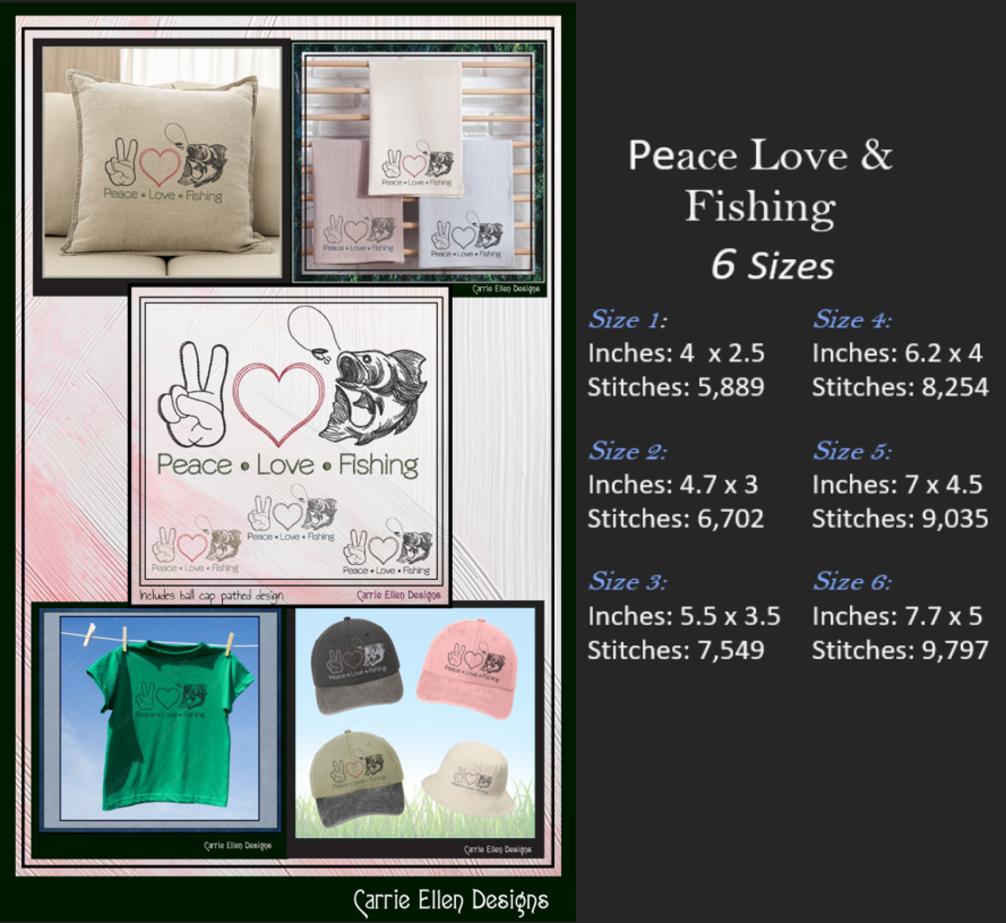 Fishing Machine Embroidery Design, Peace Love and Fishing Sayings and Quotes, Fishing Gift, 6 Sizes (2718)