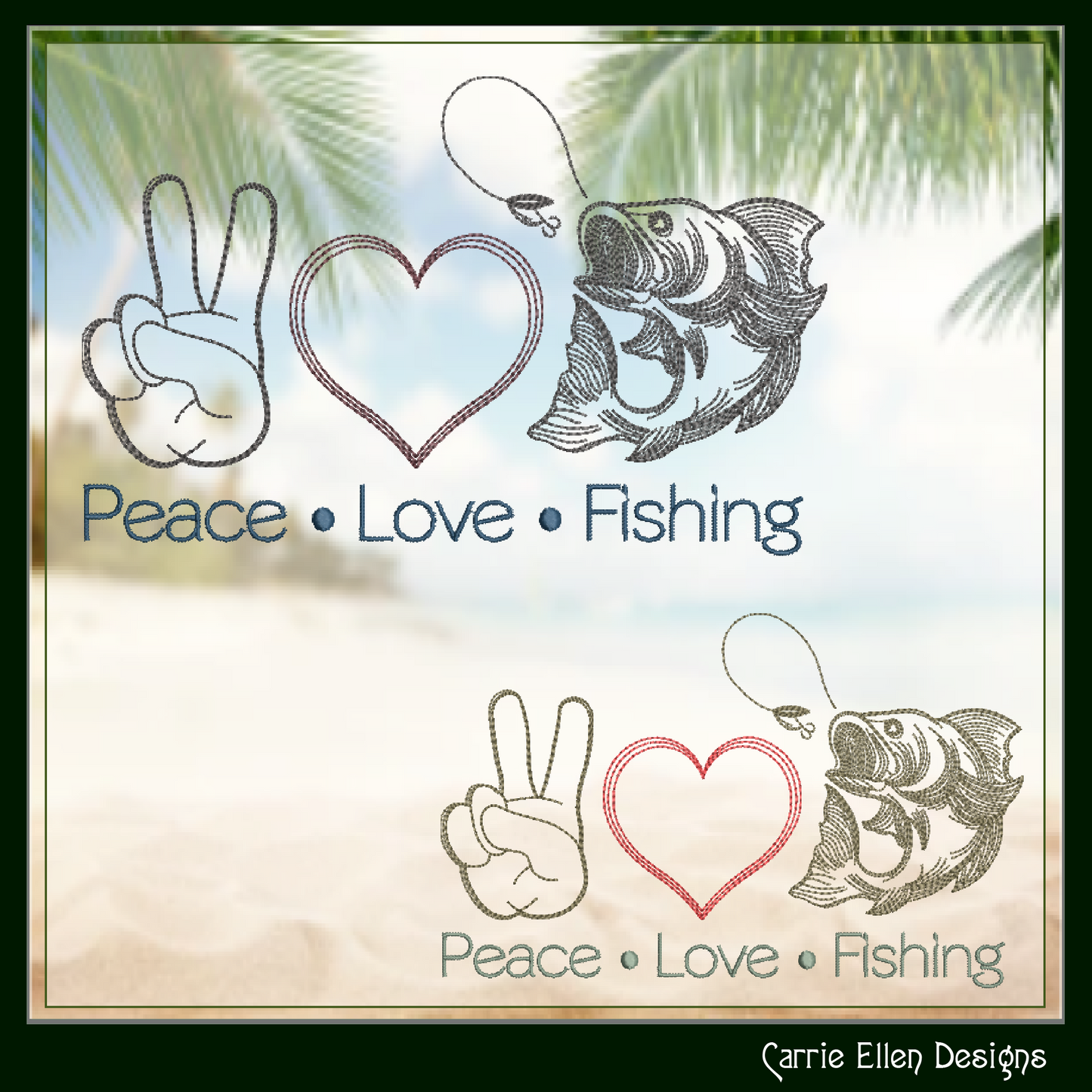 Fishing Machine Embroidery Design, Peace Love and Fishing Sayings and Quotes, Fishing Gift, 6 Sizes (2718)