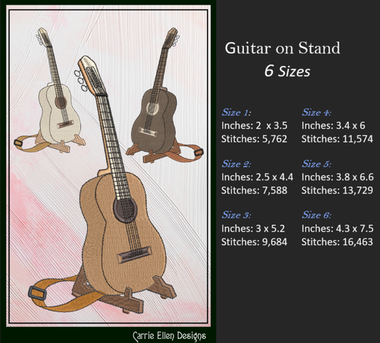 Acoustic Guitar on Stand Machine Embroidery Design | Guitar Embroidery File | Music Lover Stitch Pattern | Country Music Decor, 6 Sizes (2727)