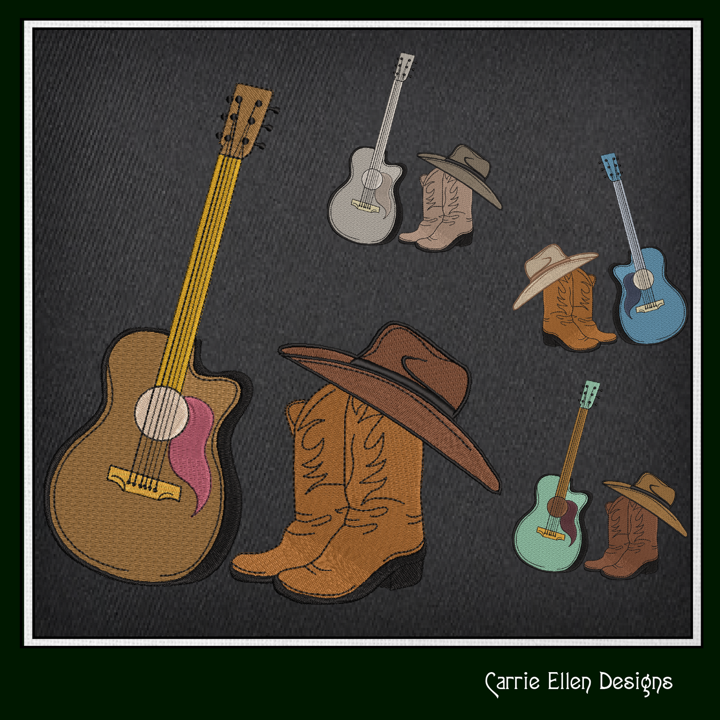 Cowboy Hat Boots & Guitar Machine Embroidery Design | Country Music Western Embroidery, 6 Sizes (2728)
