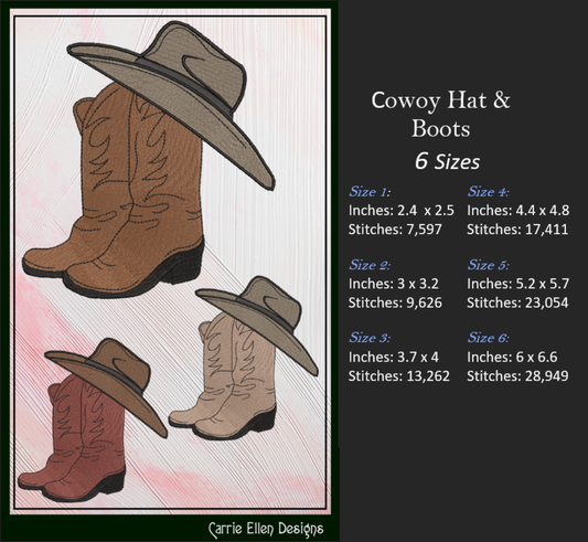 Cowboy Hat and Boots Machine Embroidery Design | Western Embroidery File | Country Cowboy Stitch Pattern | Rustic Ranch Decor, 6 Sizes (2729)