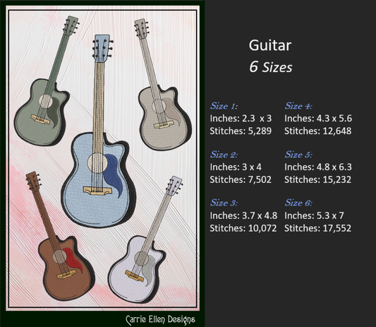 Guitar Machine Embroidery Design | Musical Instrument Embroidery Pattern, 6 Sizes (2730)