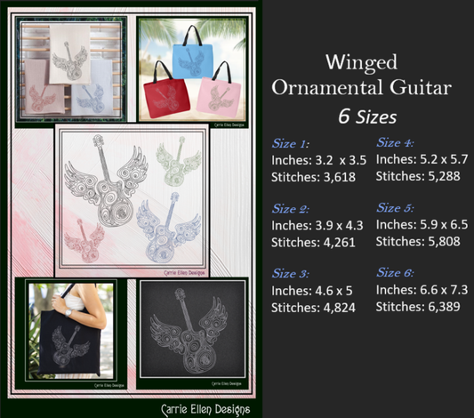 Winged Ornamental Guitar Machine Embroidery Design | Fantasy Guitar Embroidery File | Decorative Music Art Stitch Pattern | Rock & Country Embroidery, 6 Sizes (2732)