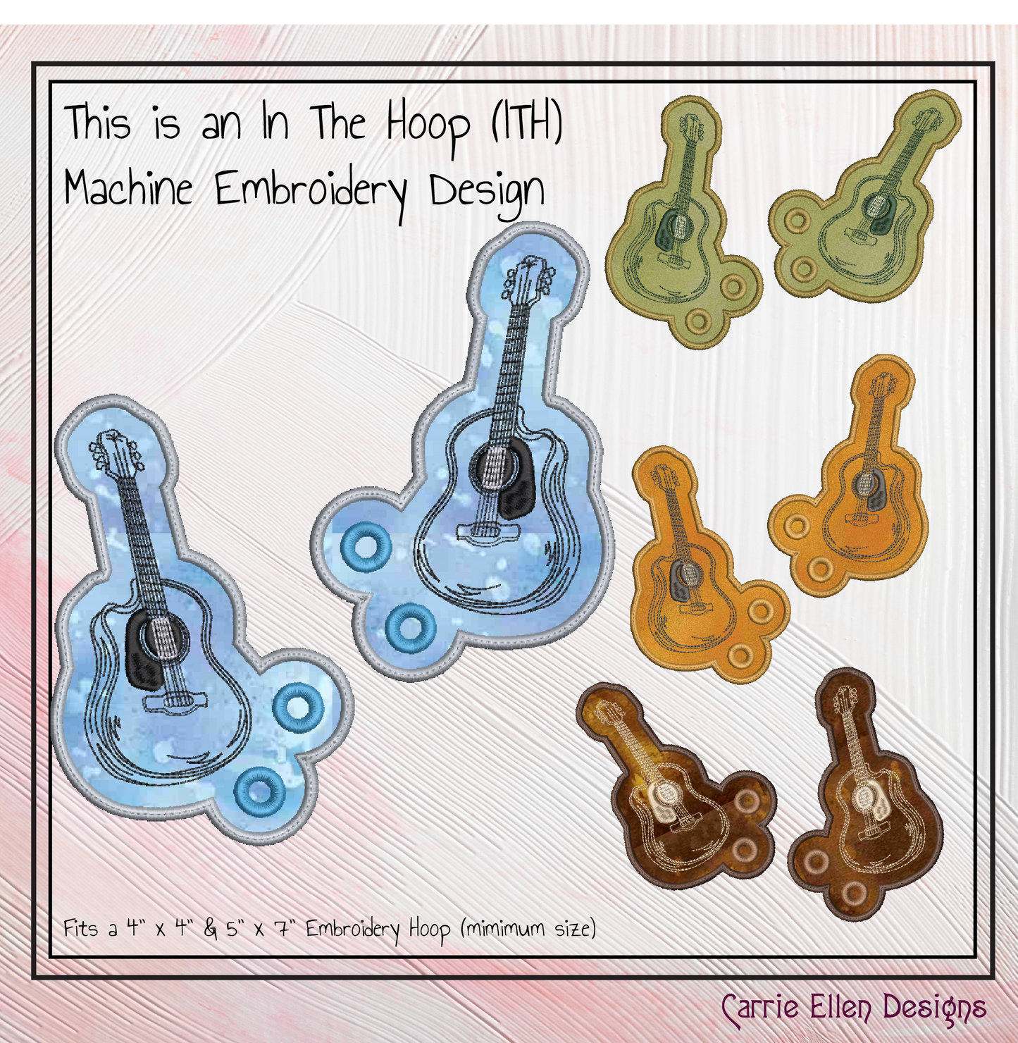 Guitar ITH Shoe Wing Machine Embroidery Design – Acoustic Guitar In The Hoop Shoe Wings – 4x4 and 5x7 Hoop Sizes (2736)