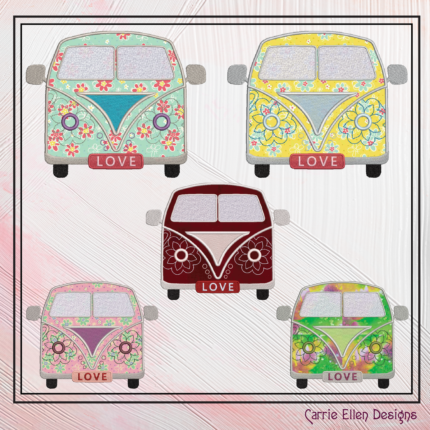 Love Bus Machine Embroidery Applique Design, VW Bus Hippie Retro Flower Power Groovy Themed Van, 6 Sizes (2741)