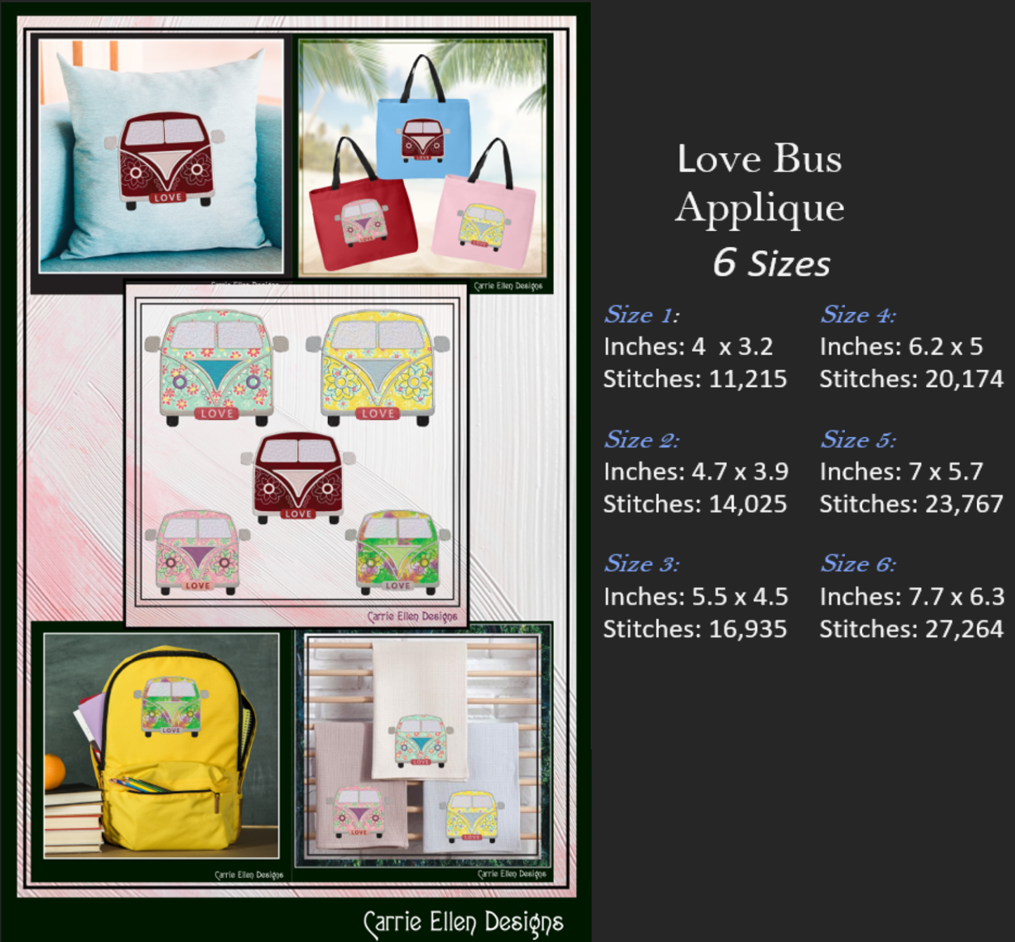 Love Bus Machine Embroidery Applique Design, VW Bus Hippie Retro Flower Power Groovy Themed Van, 6 Sizes (2741)