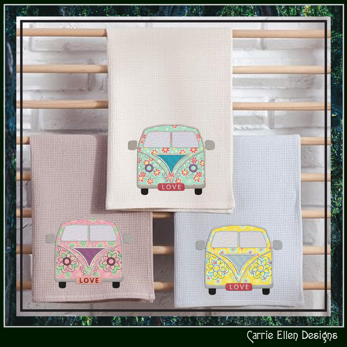 Love Bus Machine Embroidery Applique Design, VW Bus Hippie Retro Flower Power Groovy Themed Van, 6 Sizes (2741)