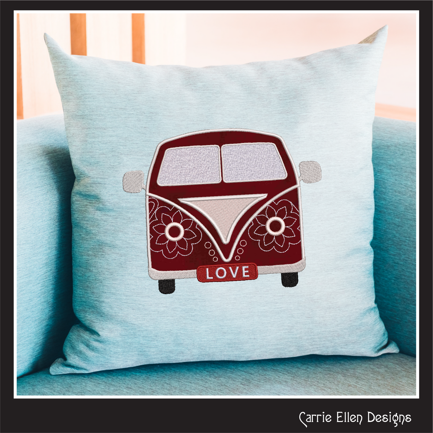 Love Bus Machine Embroidery Applique Design, VW Bus Hippie Retro Flower Power Groovy Themed Van, 6 Sizes (2741)