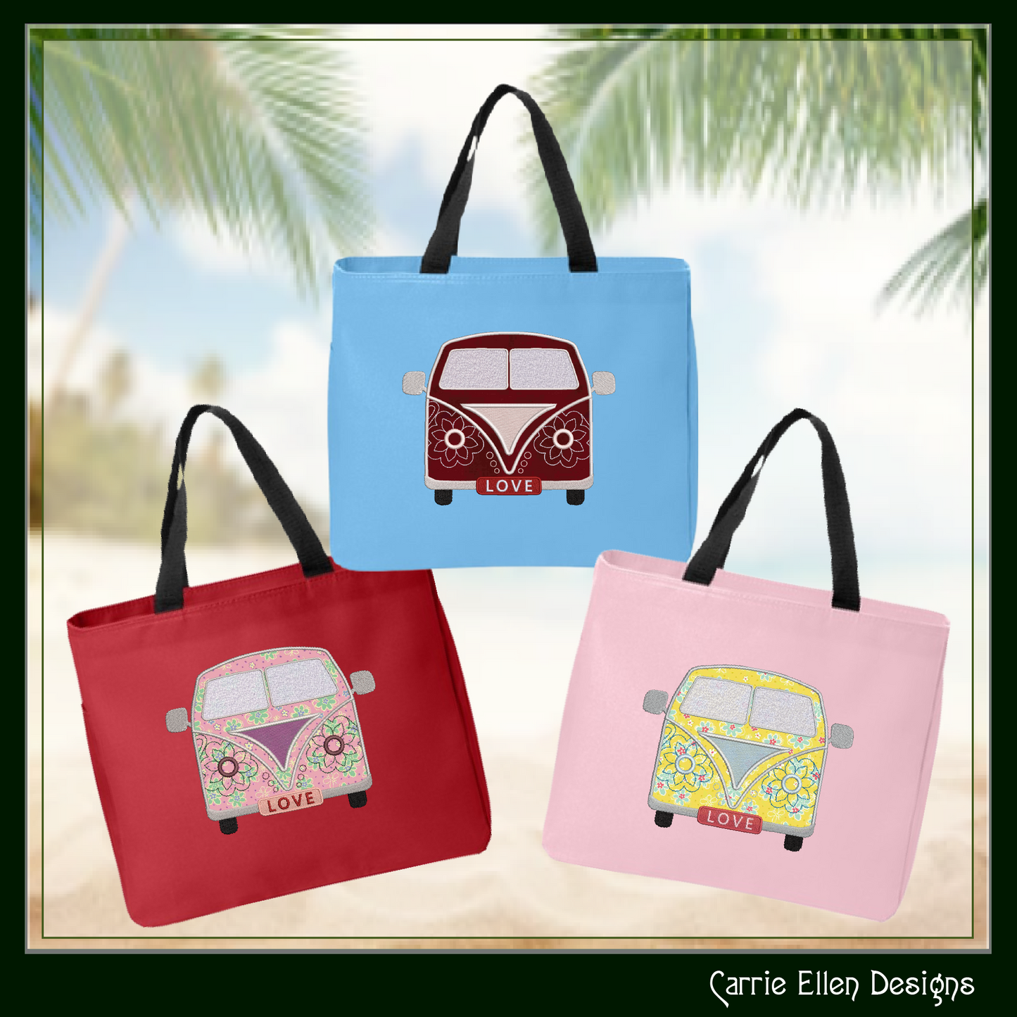 Love Bus Machine Embroidery Applique Design, VW Bus Hippie Retro Flower Power Groovy Themed Van, 6 Sizes (2741)