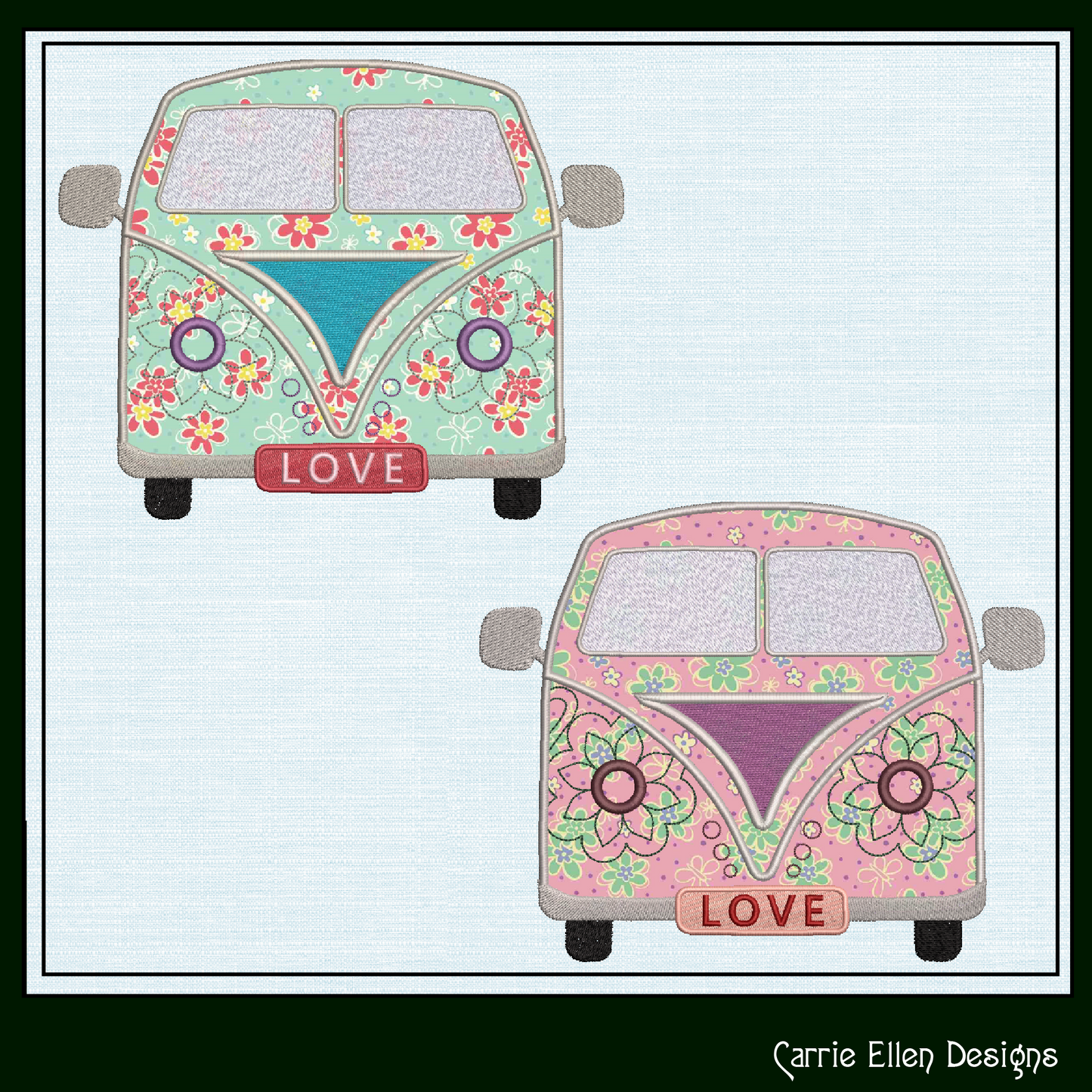 Love Bus Machine Embroidery Applique Design, VW Bus Hippie Retro Flower Power Groovy Themed Van, 6 Sizes (2741)