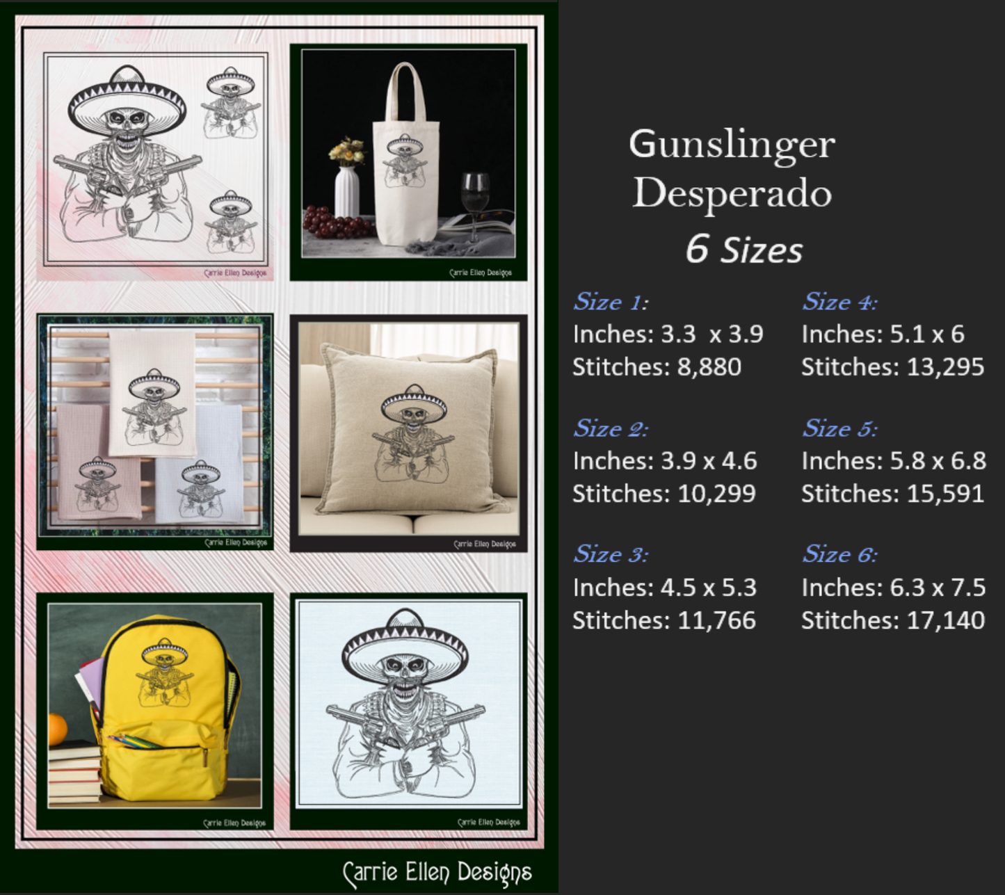 Gunslinger Outlaw Machine Embroidery Design, Desperado in Sombrero Line Art Sketch, Skull and Guns Design, 6 Sizes (2742)