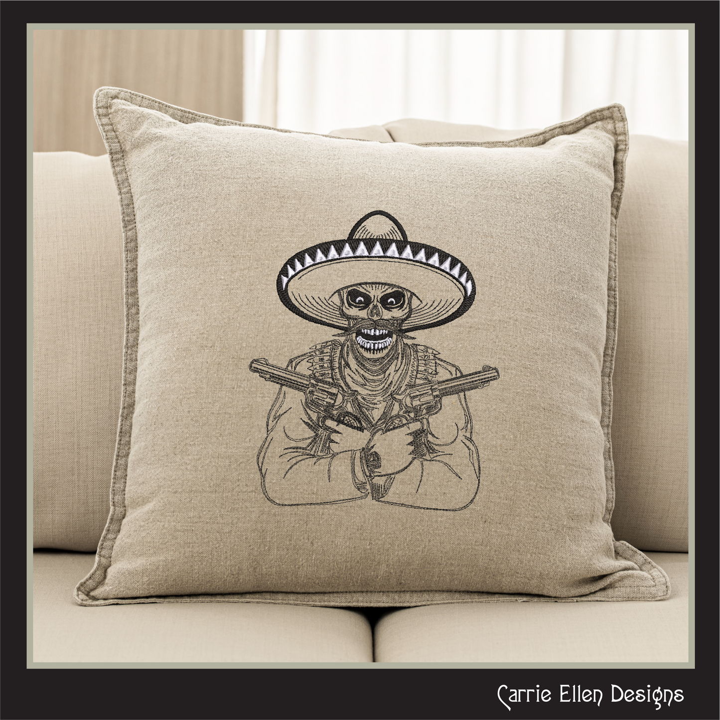 Gunslinger Outlaw Machine Embroidery Design, Desperado in Sombrero Line Art Sketch, Skull and Guns Design, 6 Sizes (2742)