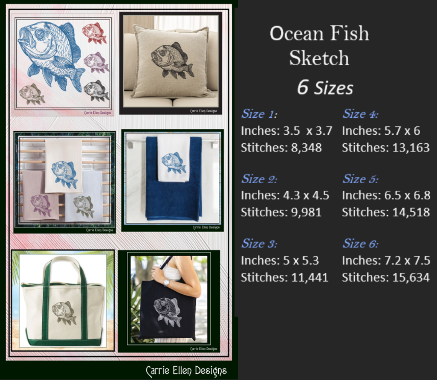 Ocean Fish Machine Embroidery Design, Fish Sketch Line Art Design, Marine Life Embroidery, 6 Sizes (2744)