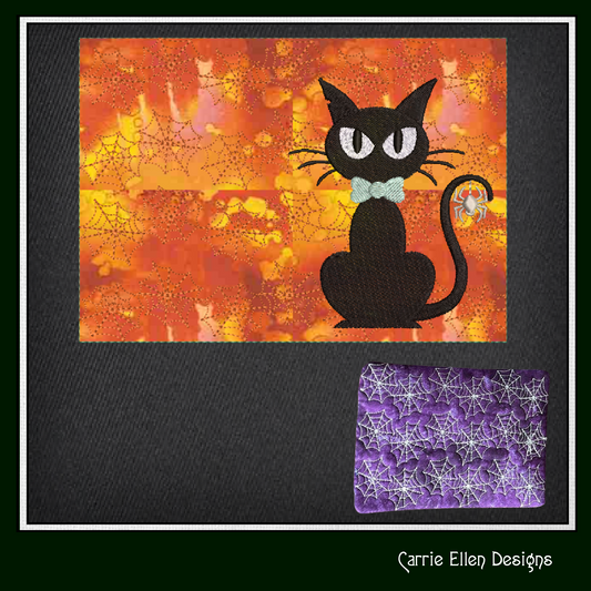 Black Cat ITH Mug Rug Machine Embroidery Design | Halloween Themed Spider Web Quilted Design, In The Hoop Project (2767)