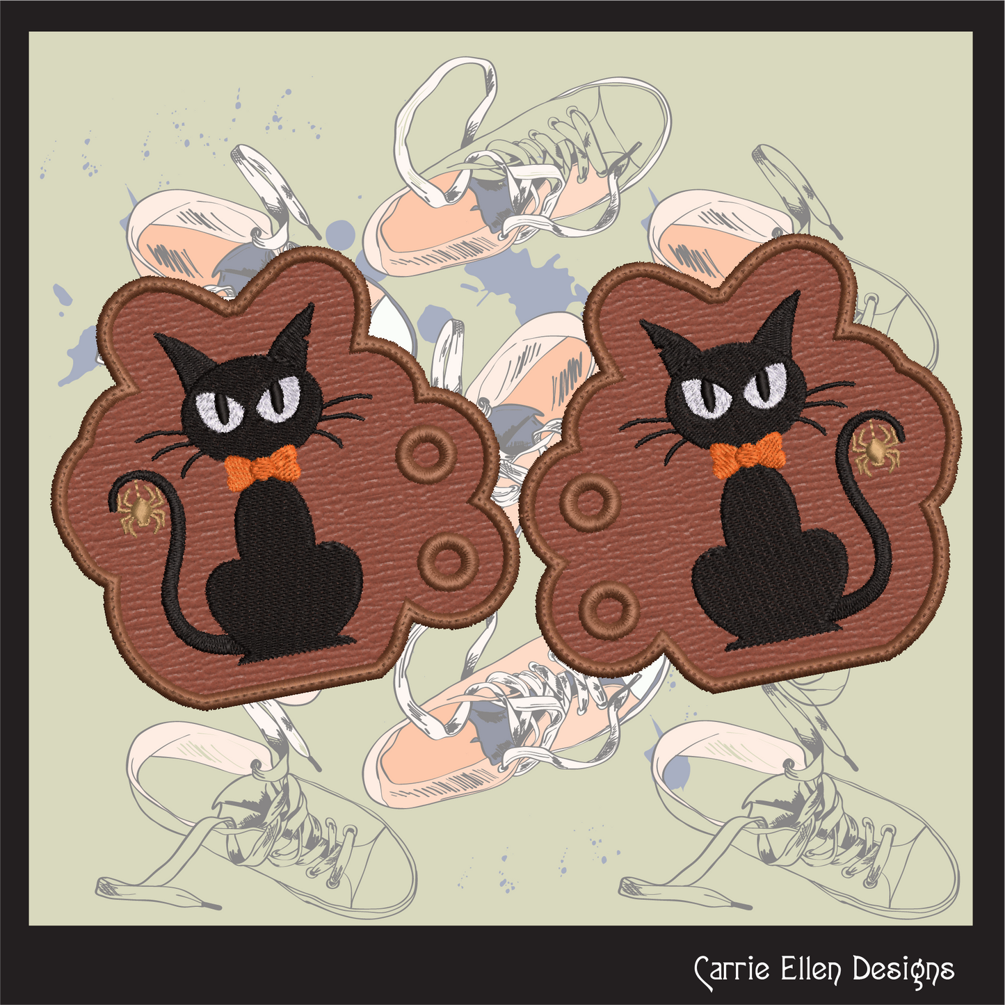 Black Cat ITH Machine Embroidery Shoe Wing Design – Black Cat with Spider Shoe Charms, Halloween Shoe Fashion – 4x4 and 5x7 Hoops (2768)