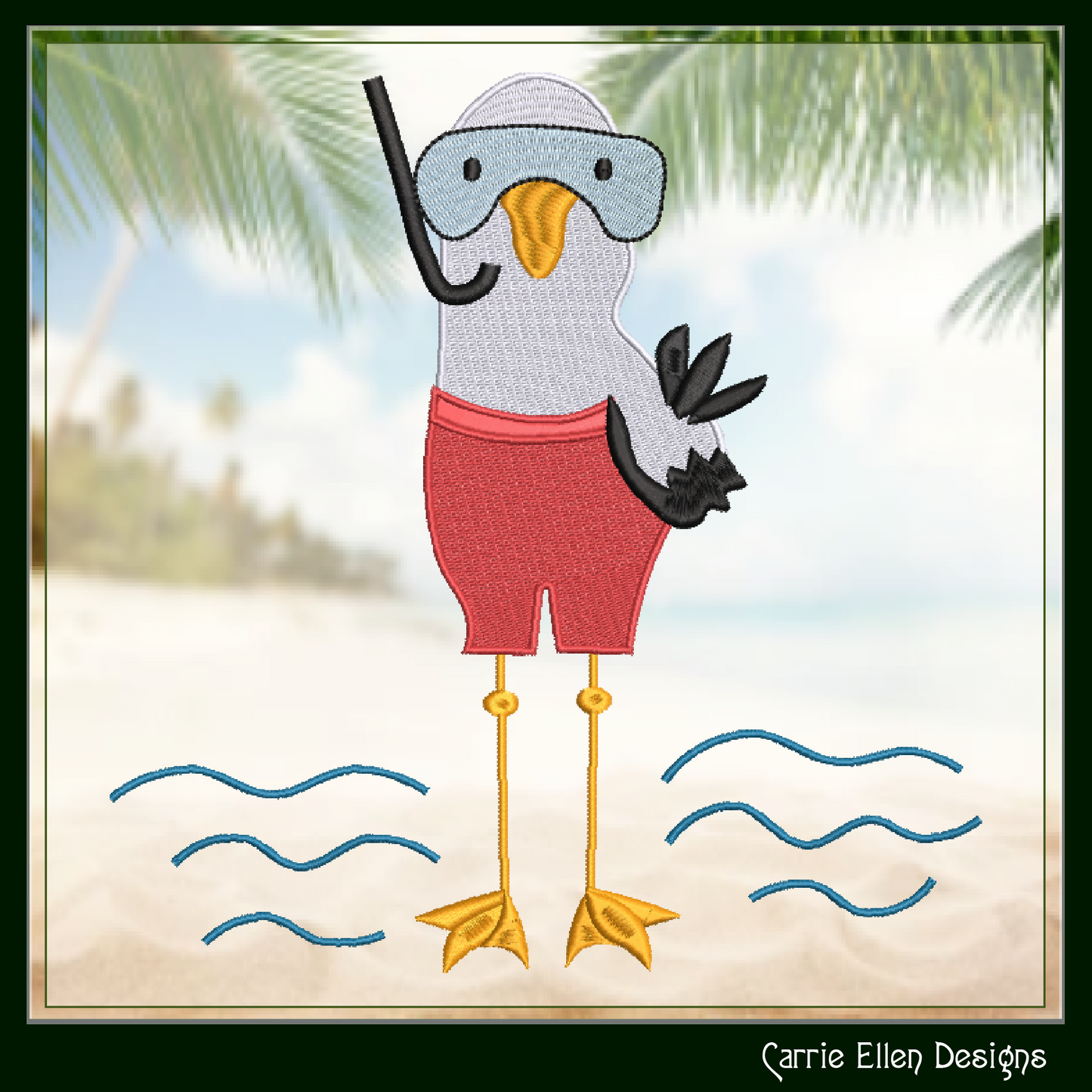 Seagull Machine Embroidery Design, Pirate Diver Embroidery Pattern, Seagull Pirate with Mask and Snorkel, 6 Sizes (2785)
