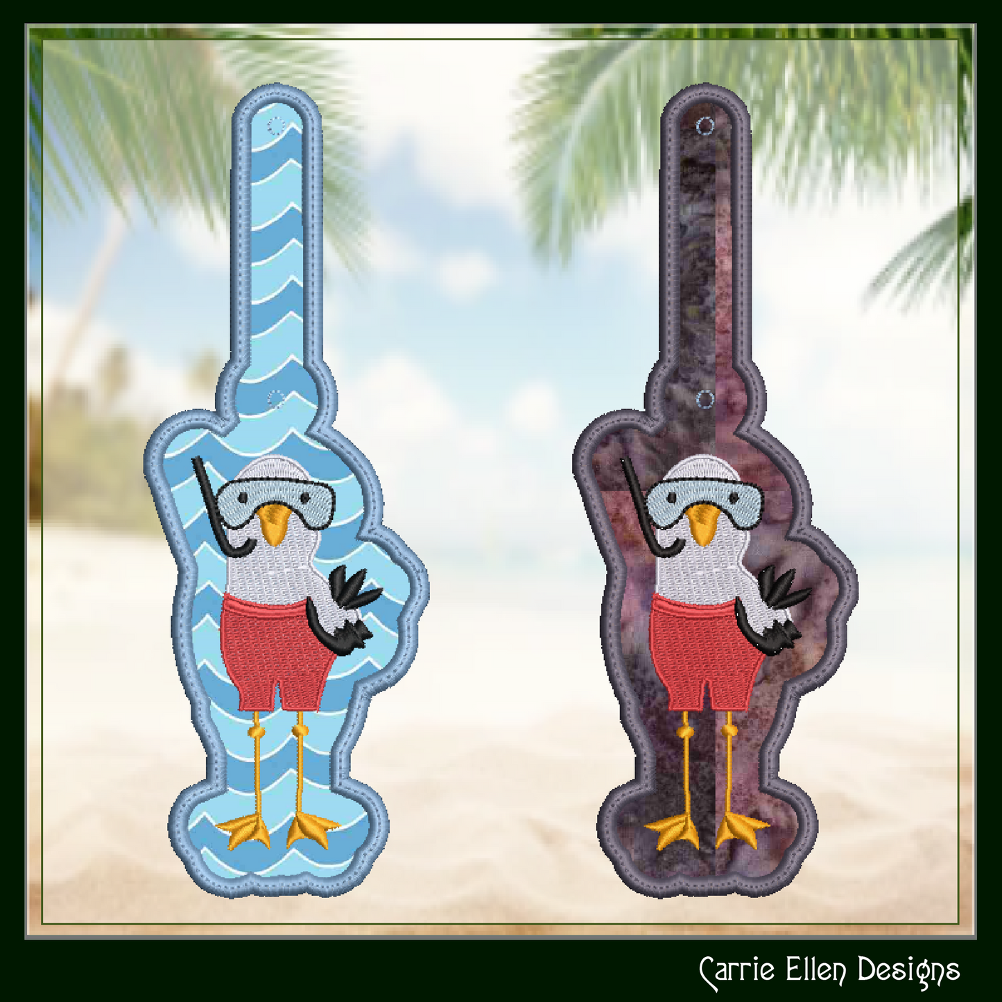 Seagull Pirate Diver ITH Key Fob Machine Embroidery Design | Pirate Seagull In-The-Hoop Key Tag Project (2786)