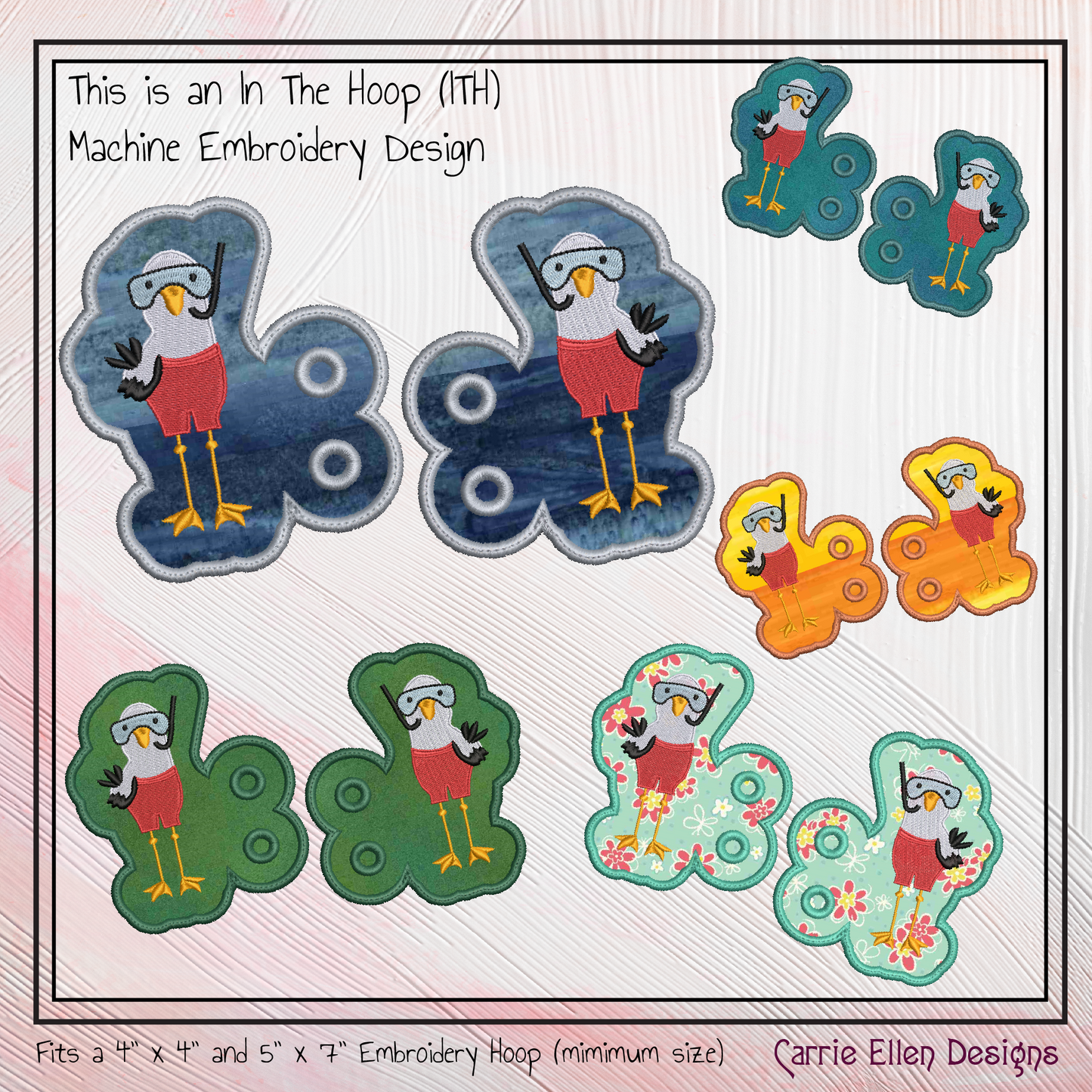 Seagull In The Hoop Shoe Wings – Seagull Diver Machine Embroidery ITH Shoe Charms, Sea Bird With Snorkel (2787)
