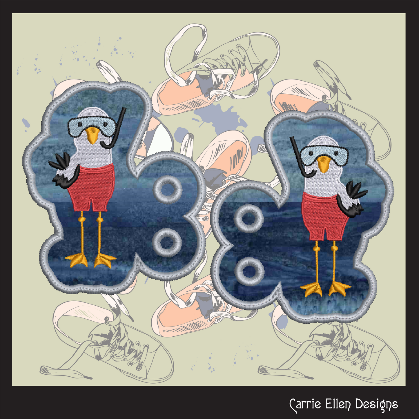 Seagull In The Hoop Shoe Wings – Seagull Diver Machine Embroidery ITH Shoe Charms, Sea Bird With Snorkel (2787)
