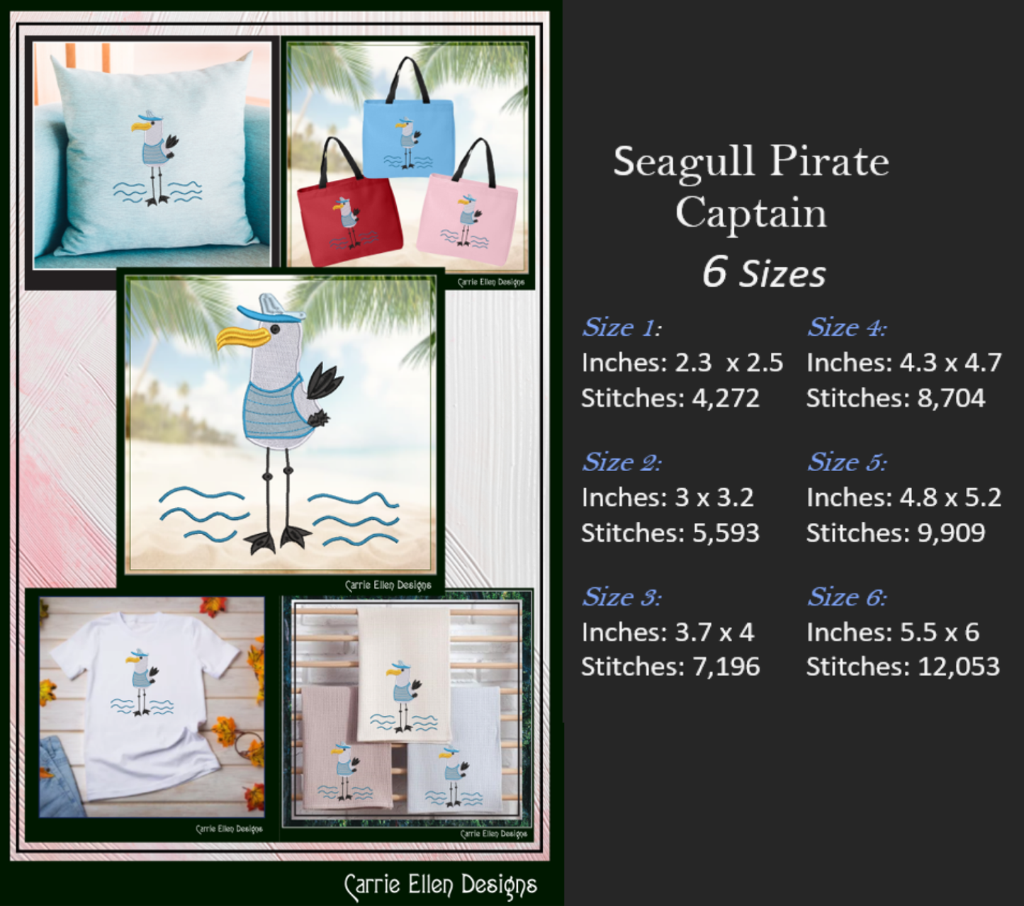 Seagull Machine Embroidery Design, Pirate Ship Captain Embroidery Pattern, Seagull Pirate Beach Design, 6 Sizes (2788)