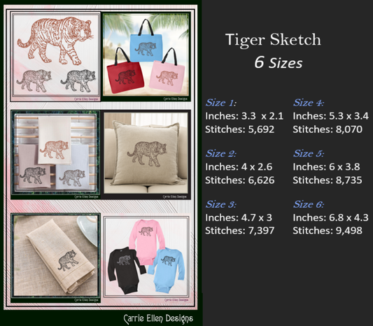 Tiger Machine Embroidery Design Sketch, Animal Embroidery, Stalking Artistic Jungle Cat, 6 Sizes (2795)